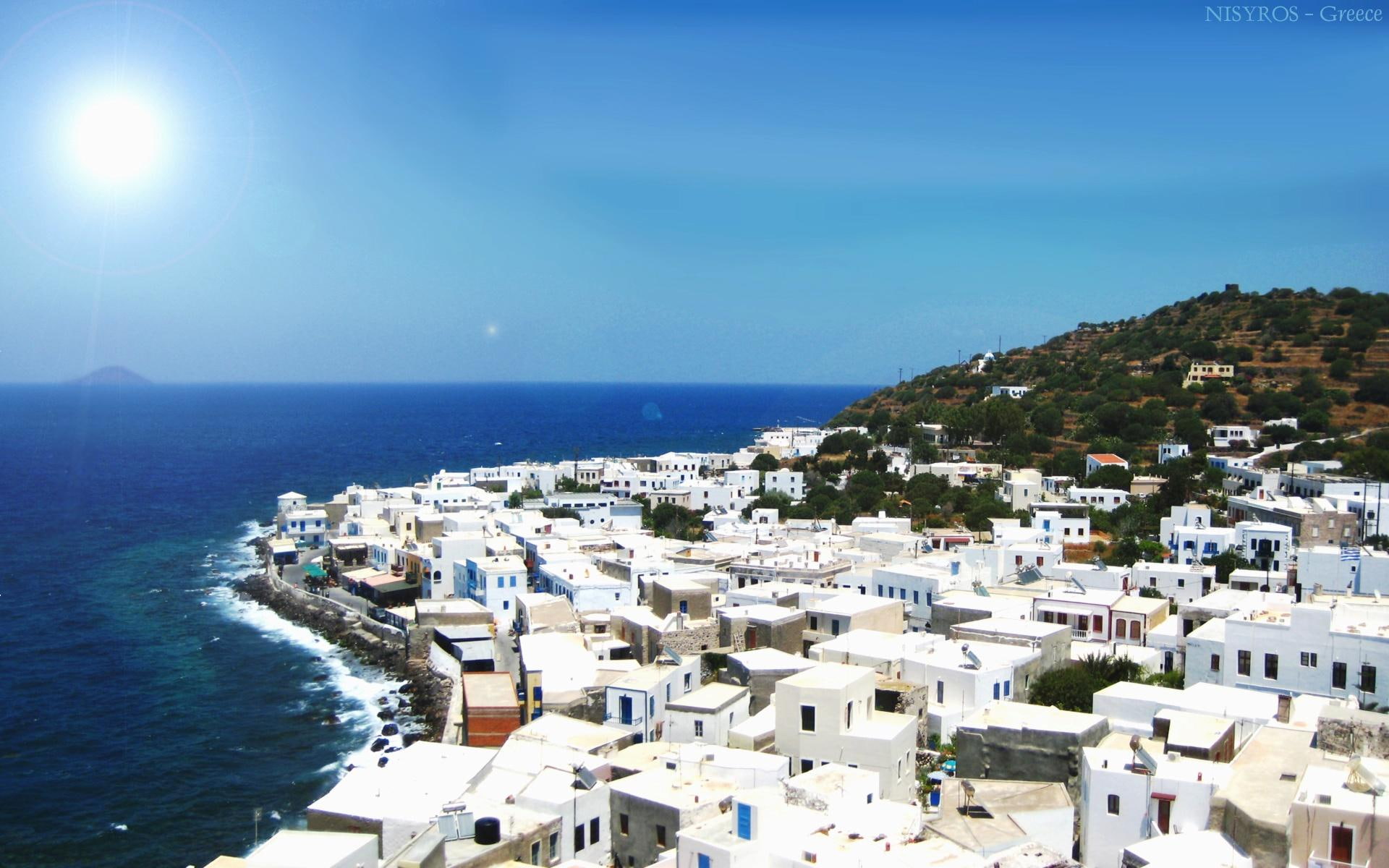 island, europe, widescreen, nisyros, greece, 1080P, 3d and abstract, beach, village, nature, vulcano, HD Wallpaper