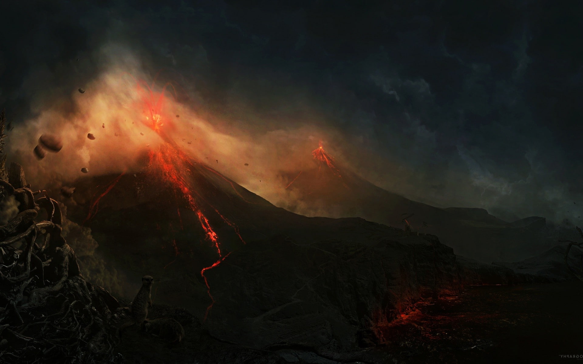beauty in nature, scenics - nature, land, digital art, sky, geology, artwork, natural disaster, power in nature, environment, smoke - physical structure, HD Wallpaper