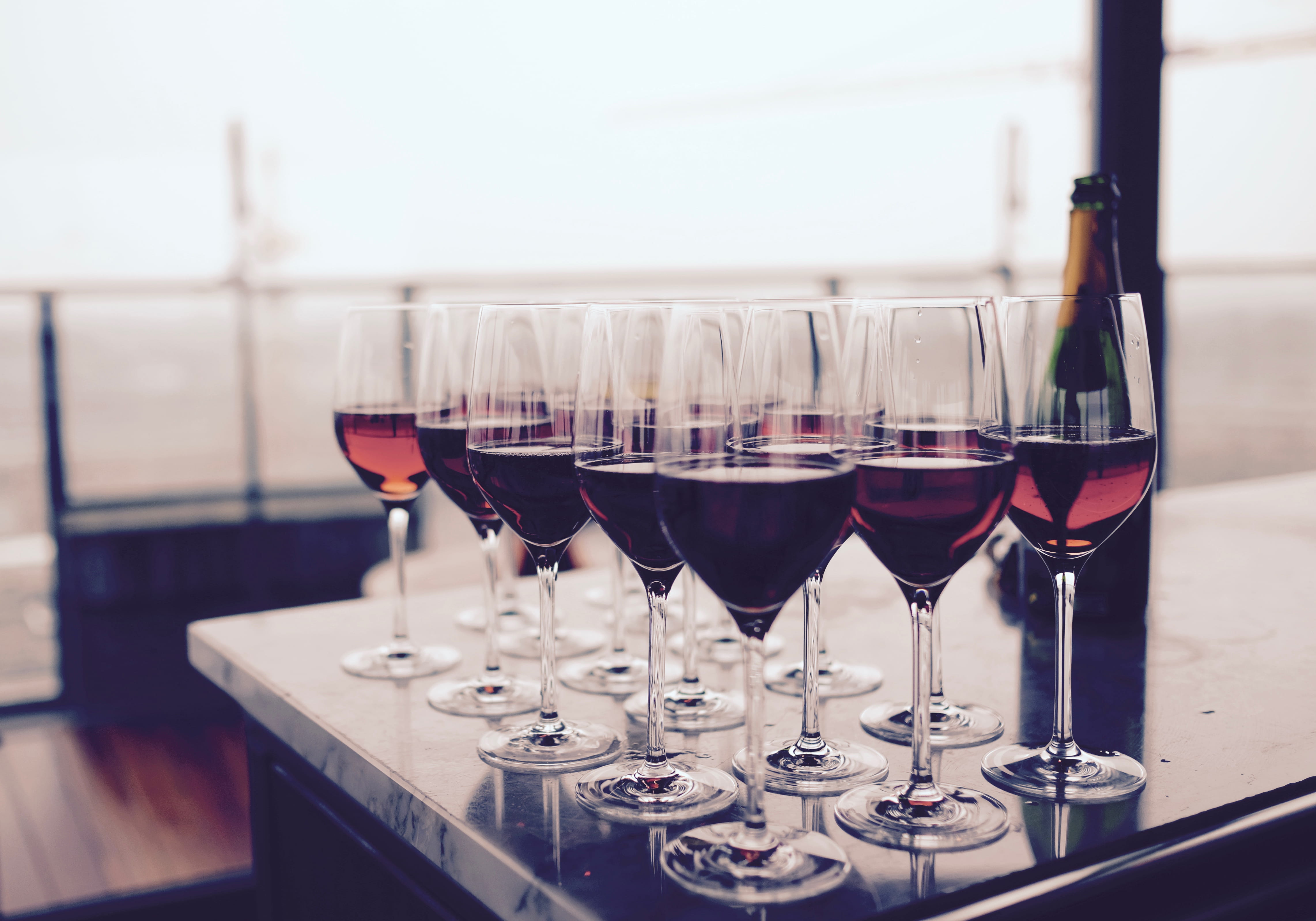 still life, focus on foreground, wineglass, refreshment, container, bottle, freshness, 4K, red wine, ready, close-up, drinking glass, alcohol, glass, drink, HD Wallpaper