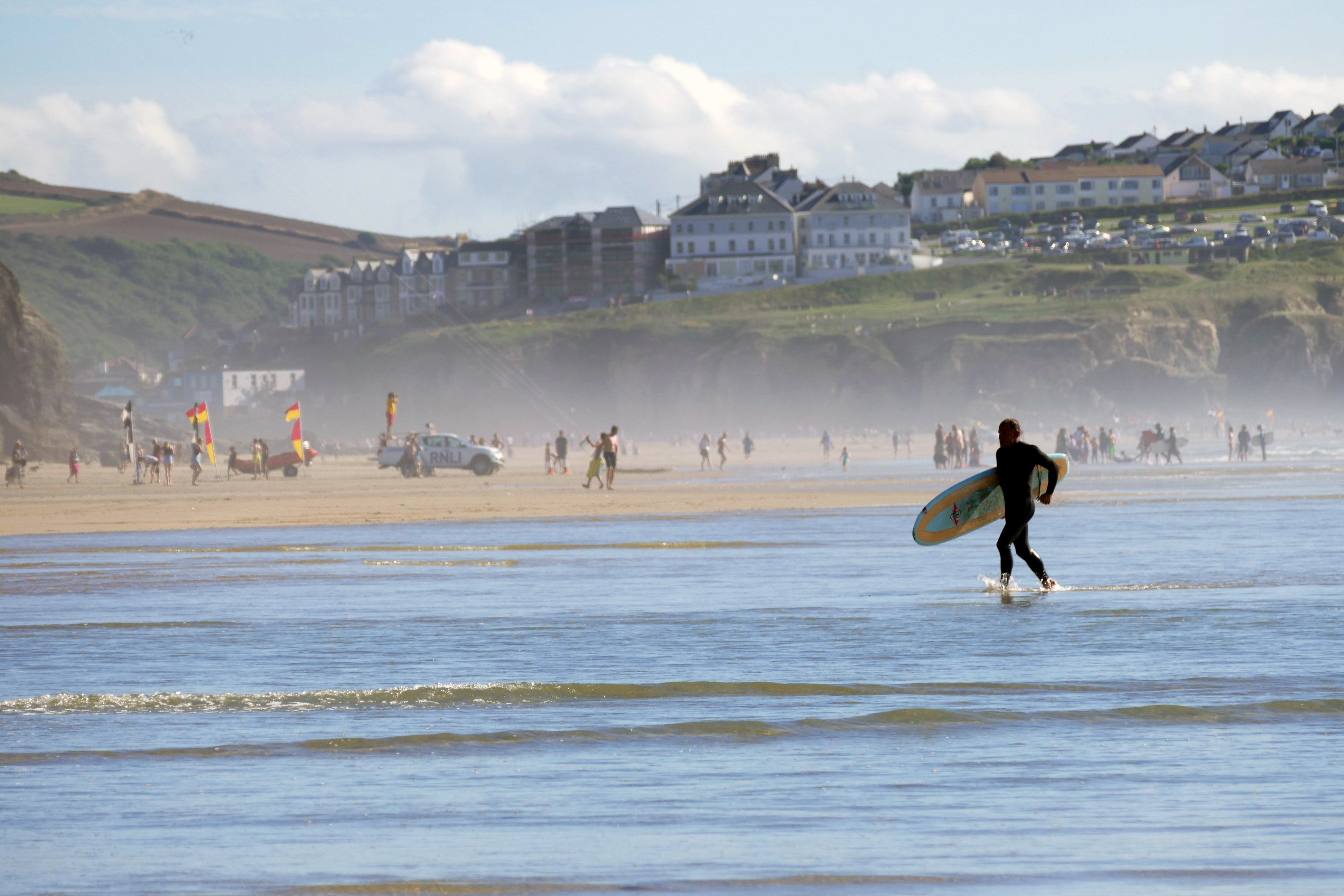 scenery, north, landscape, sport, england, colour, vacation, british, surfboard, seashore, running, daytime, clouds, tourism, people, group of people, water, HD Wallpaper