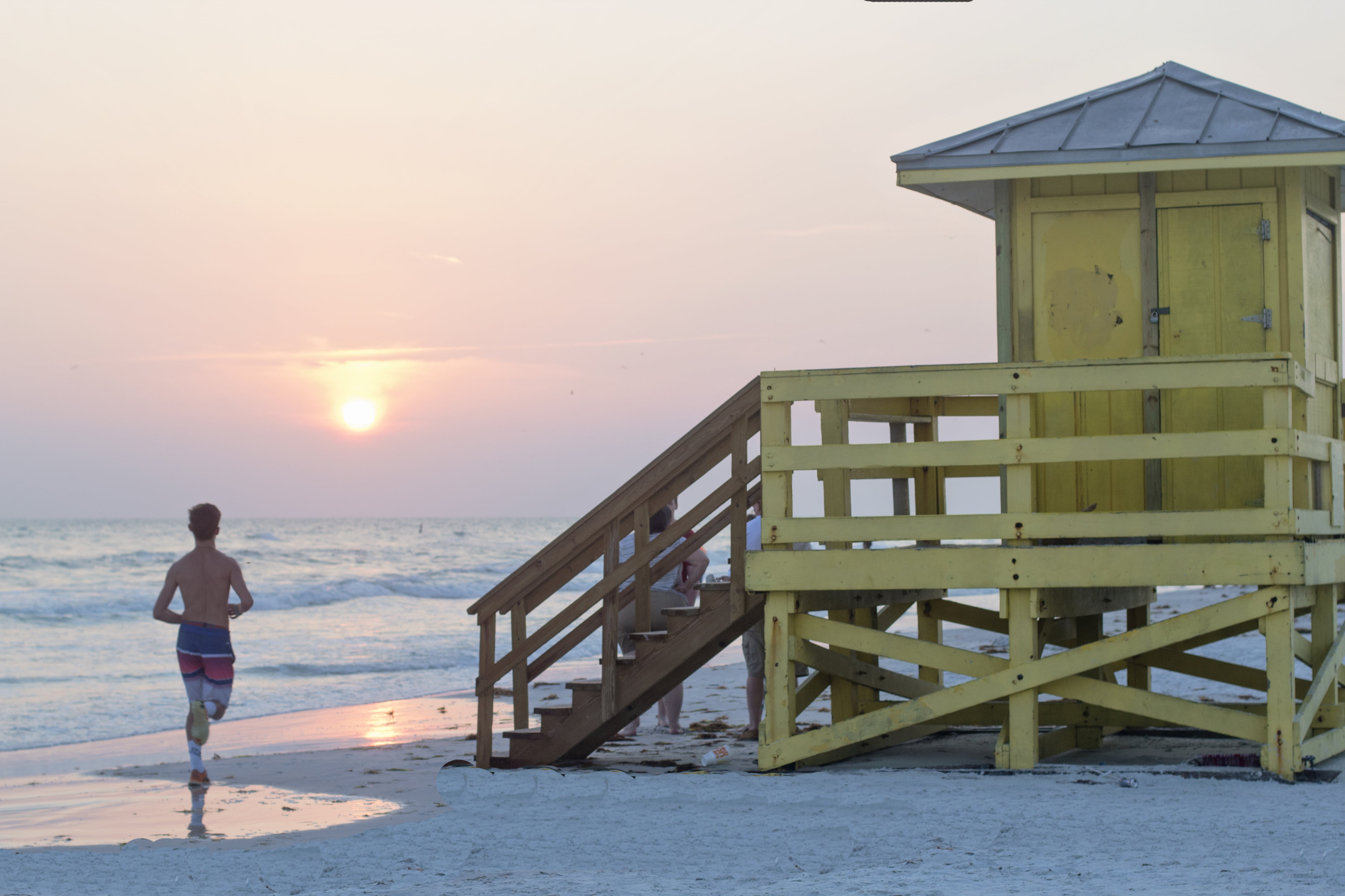 water, coastline, sea side, hot, one person, travel, blue, nature, leisure activity, beach, built structure, relax, florida, wave, sunset, sky, full length, HD Wallpaper