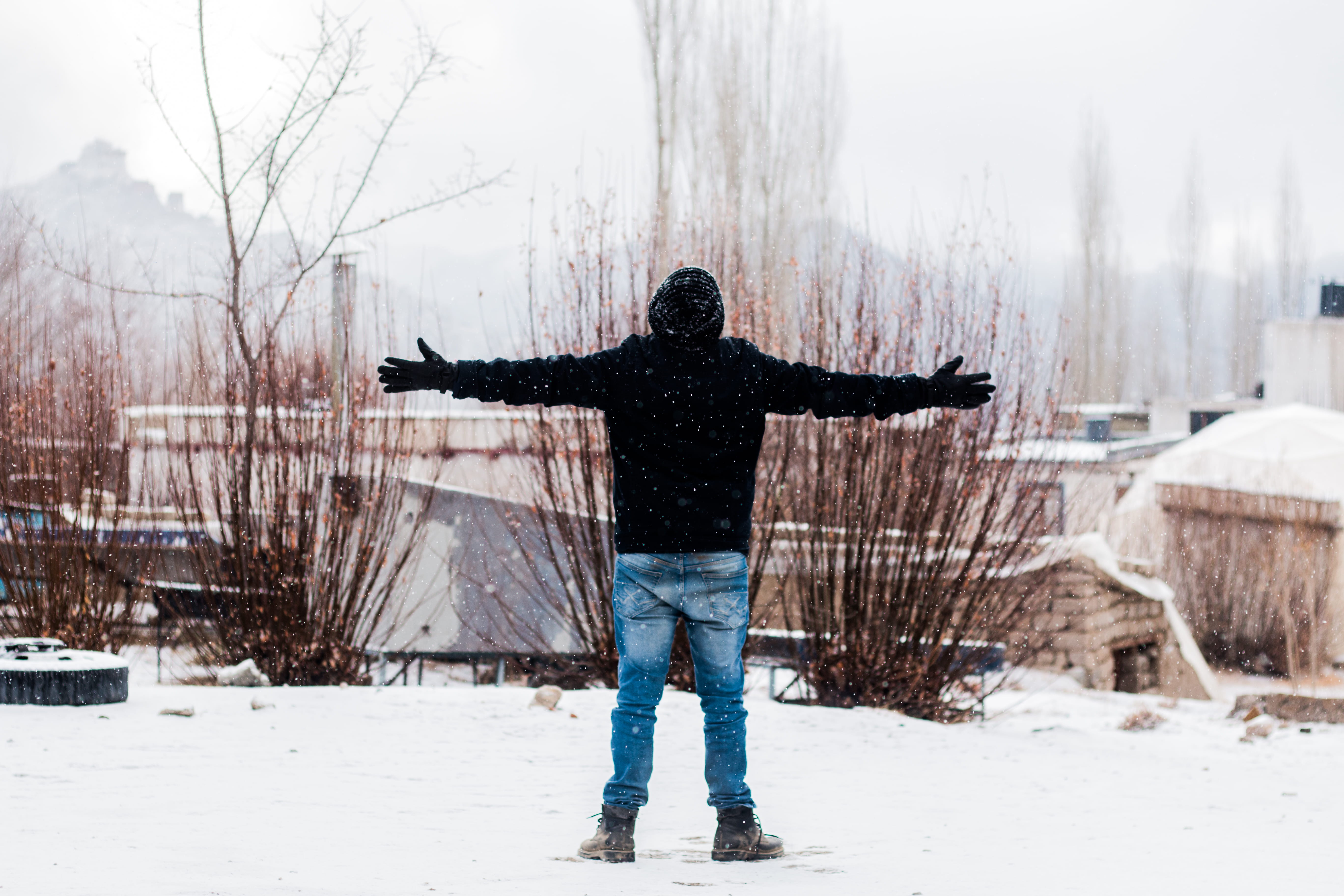5K, fog, arms outstretched, blue, snow, frozen, rear view, human arm, day, clouds, jacket, wears, one person, snowy, arms raised, full length, lifestyles, HD Wallpaper