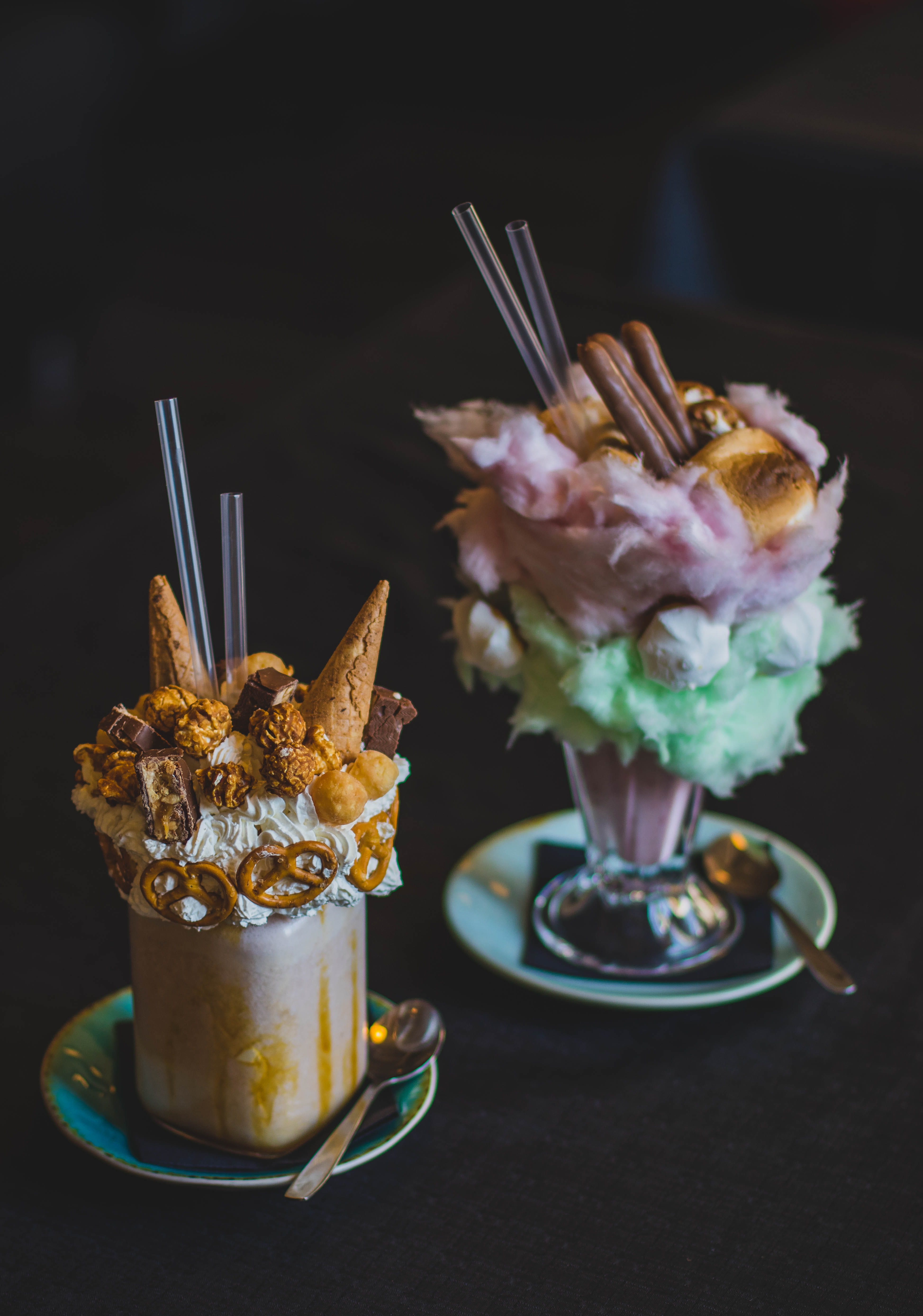 close-up, ready-to-eat, indoors, black background, kitchen utensil, indulgence, table, sugar, eating utensil, drink, fork, chocolate, food, two, temptation, Phone HD Wallpaper