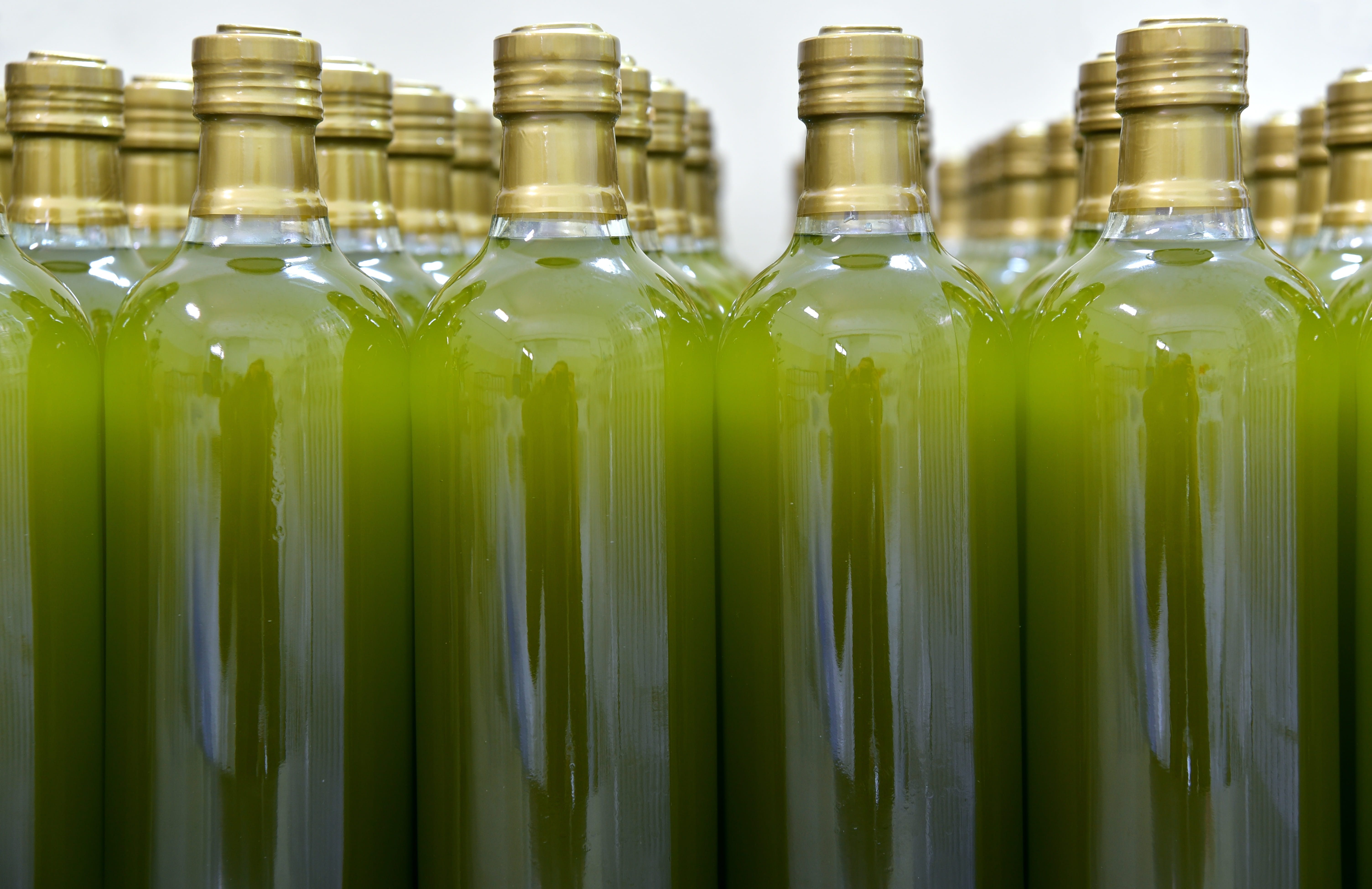 wine bottle, italian, container, indoors, unfiltered, 5K, glass, food, filled, transparent, olive oil, green color, delicious, green, food and drink, drinking glass, HD Wallpaper