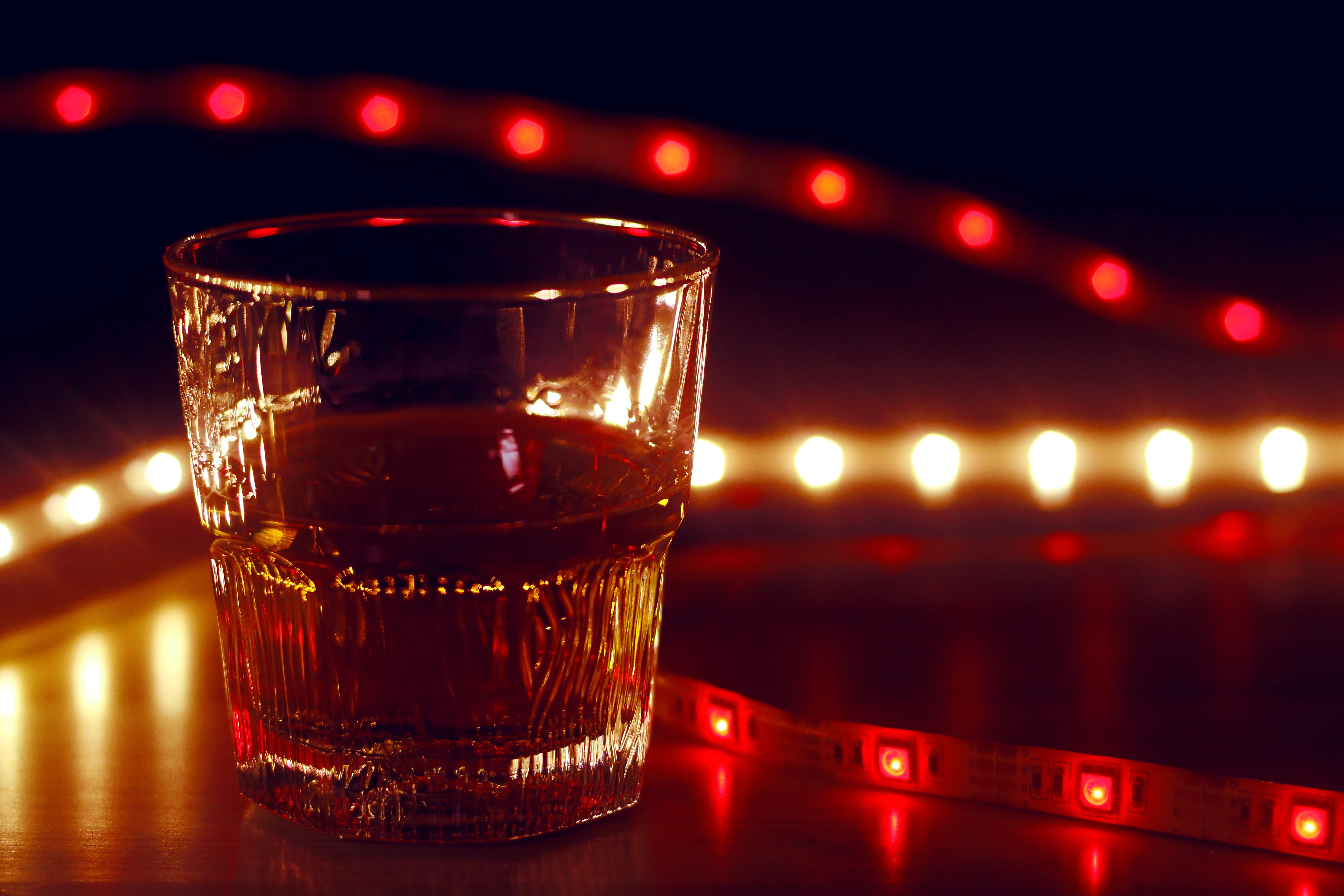 no people, heat, focus on foreground, refreshment, led lights, alcohol, alcoholic, night, illuminated, light, nightlife, bar counter, whiskey, hard liquor, HD Wallpaper