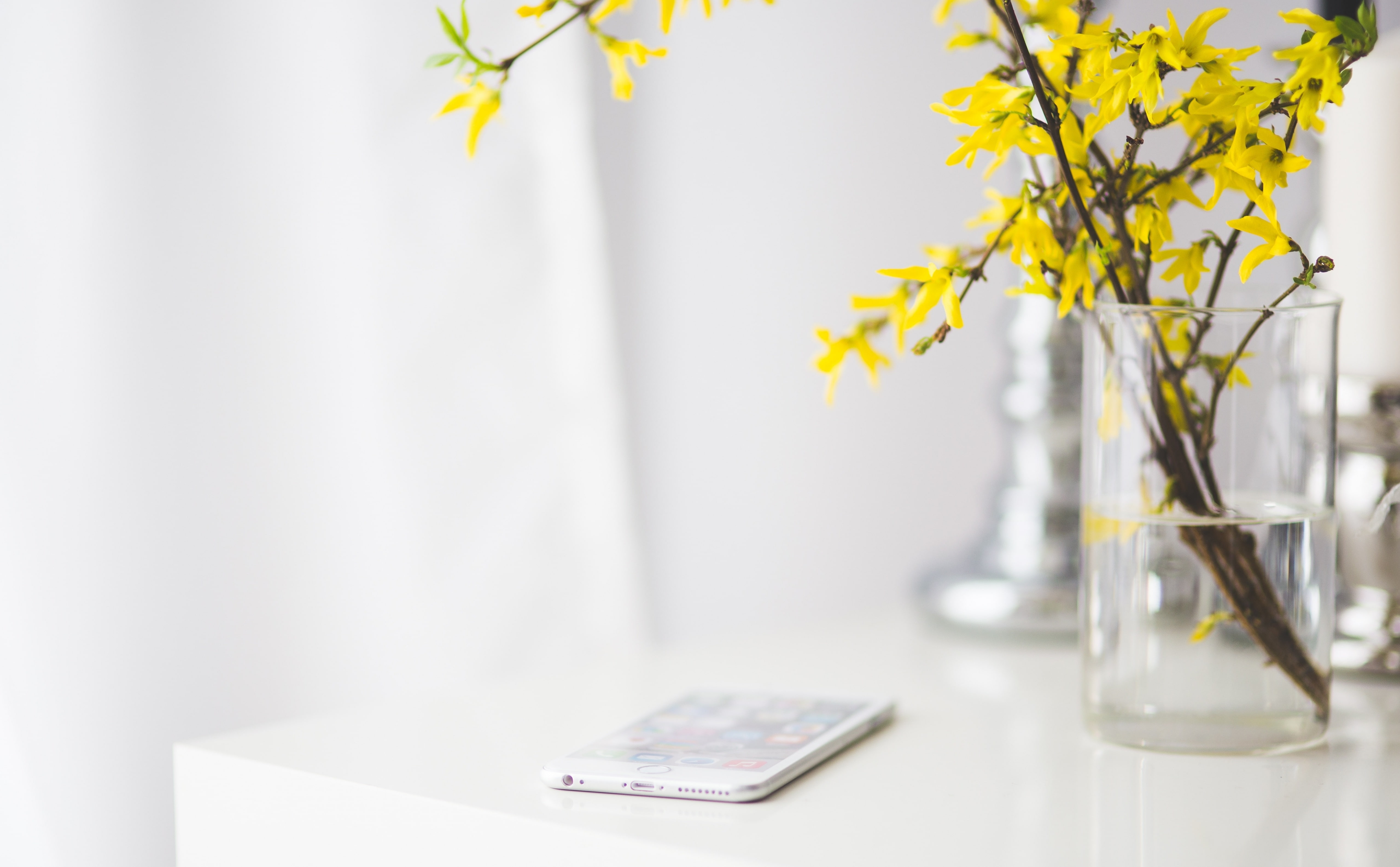 table, Computers, Flowers, Home, connection, wireless technology, yellow, Mobile, officespace, vase, Mac, Spring, no people, plant, clear, whitedesk, Apple, HD Wallpaper