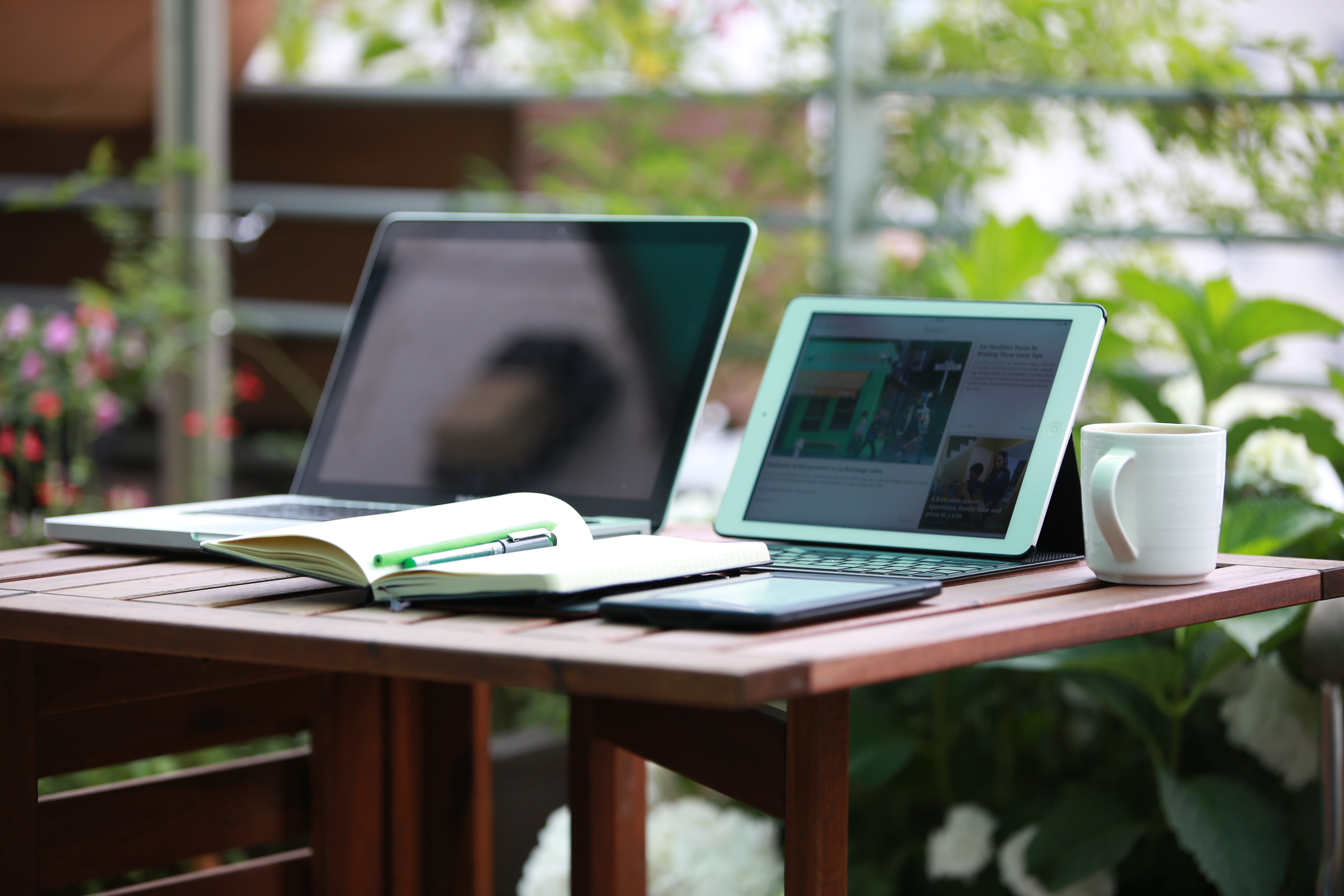 using laptop, laptops, remote work, technology, mug, day, no people, plant, desk, business, screen, laptop, two, communication, gadgets, book, wireless technology, HD Wallpaper
