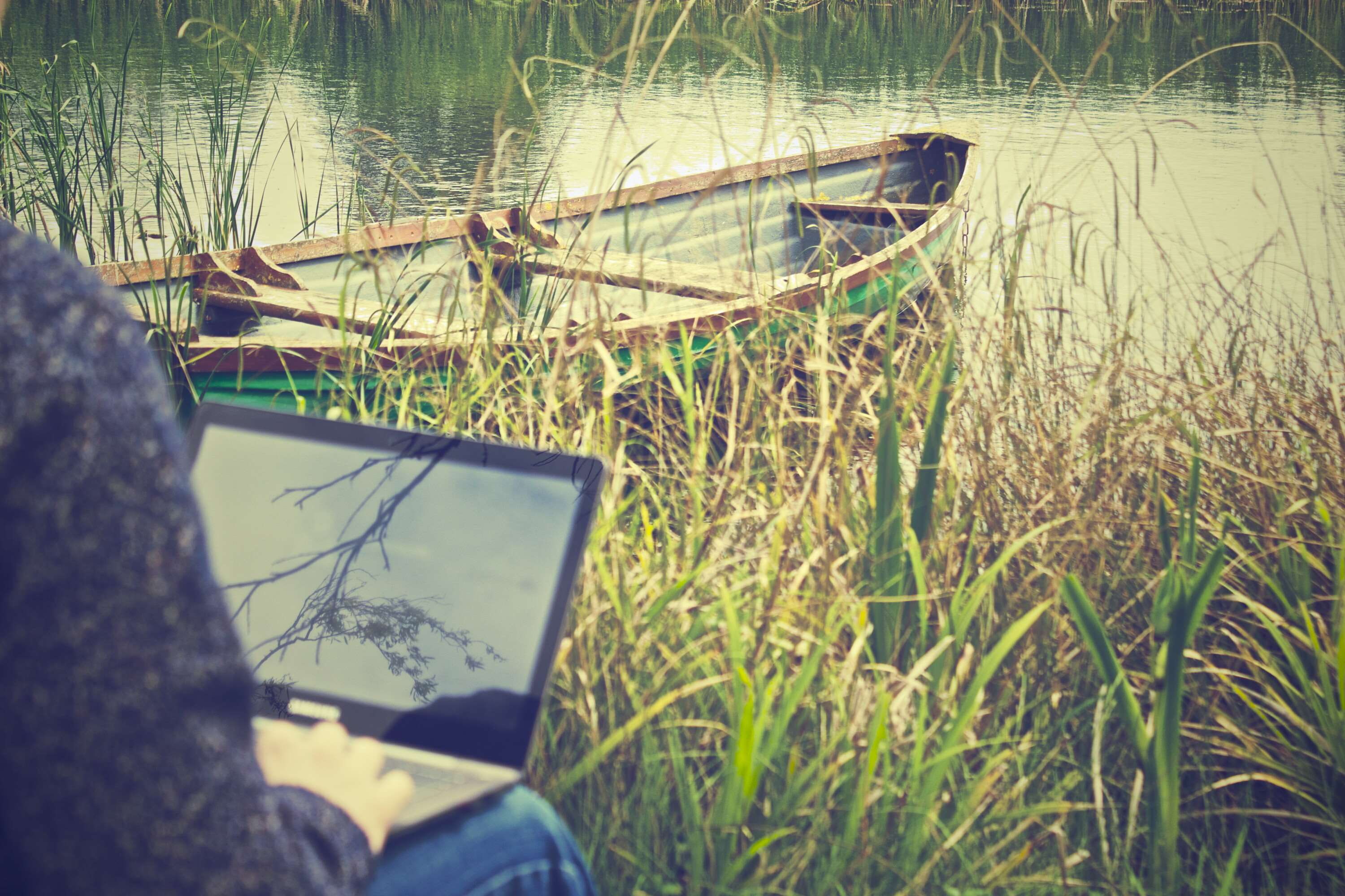 laptop, reflection, water, outside, moored, nautical vessel, land, 2K, outdoors, working, screen, remote, mode of transportation, mockup, day, grass, growth, HD Wallpaper