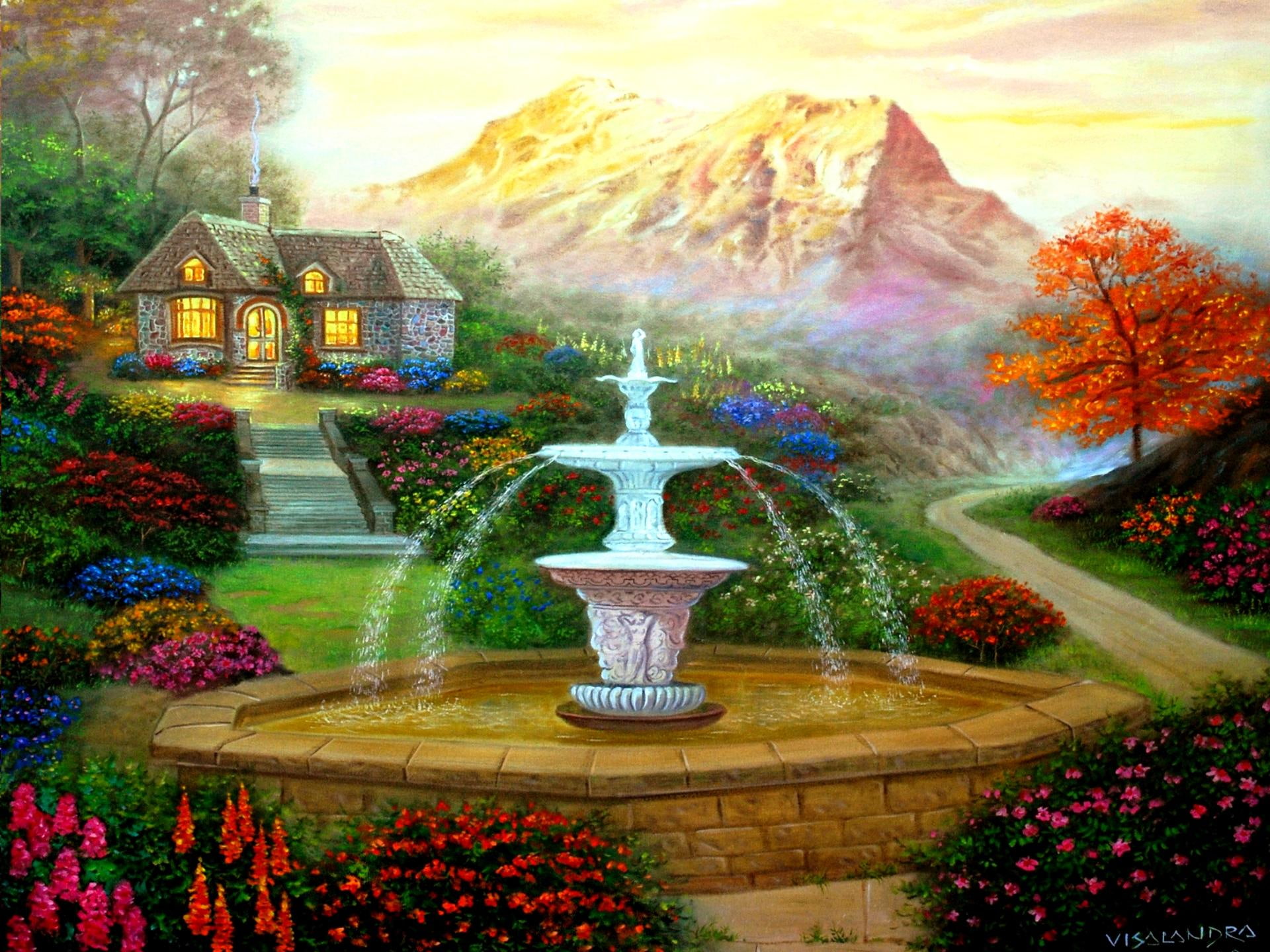 1080P, 3d and abstract, house, fountain, cottage, garden, mountains, vishalandra dakur, HD Wallpaper