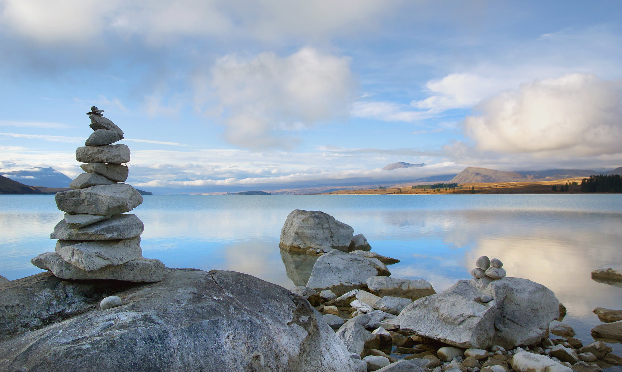 sky, Lake Tekapo, Sony DSLR-A300, Stones, CC0, scenics, rock - Object, outdoors, water, New Zealand, Dedication, cairn, body of water, Public Domain, beside, HD Wallpaper