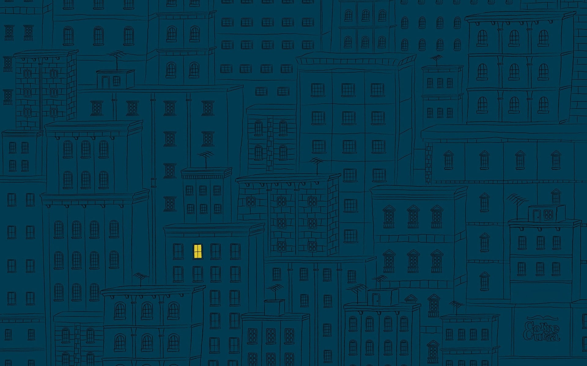 yellow, square, antenna, lights, minimalism, blue, blue background, 1080P, window, drawing, simple background, geometry, building, digital art, alone, HD Wallpaper