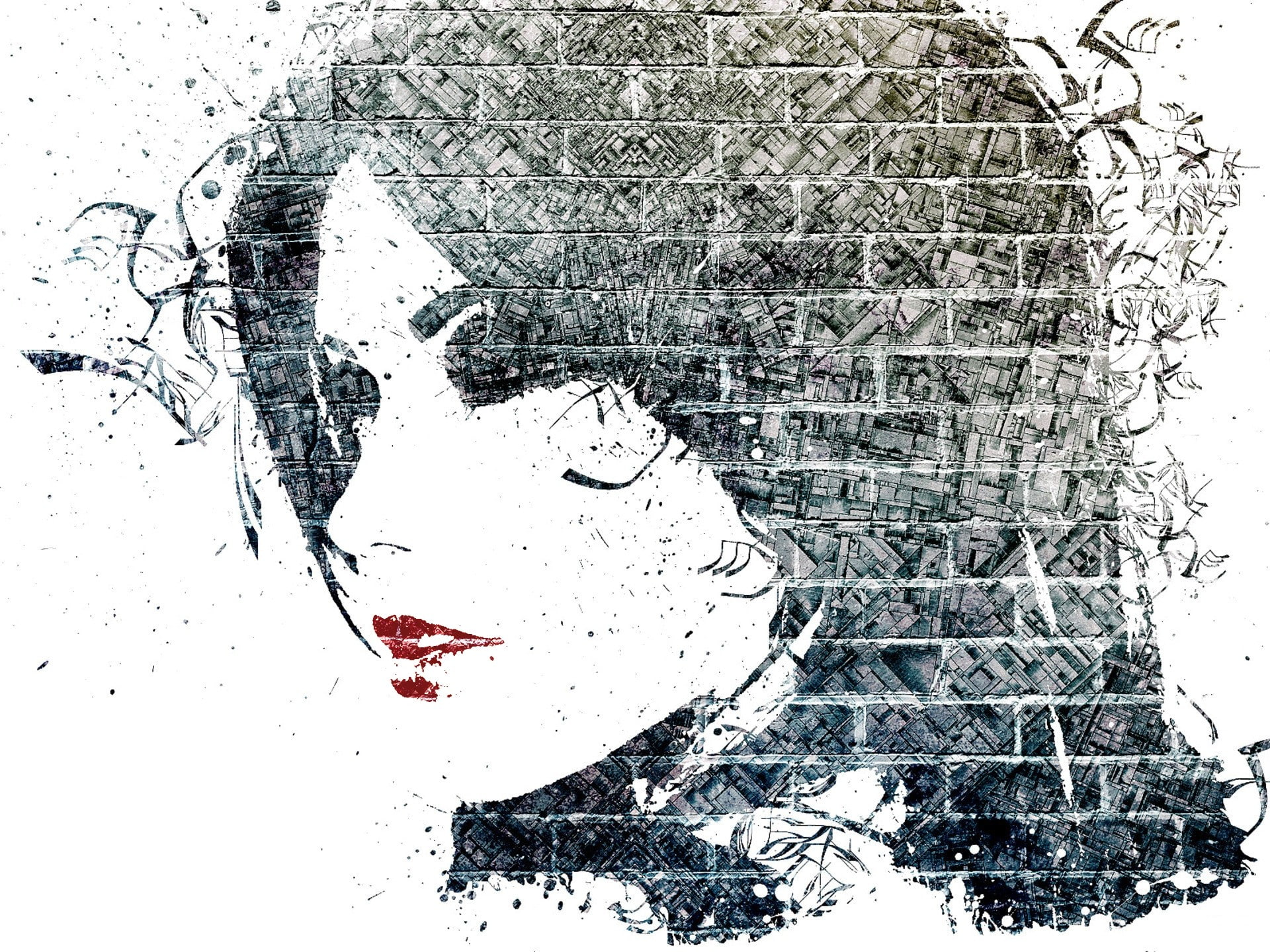 abstract, face, 1080P, wall, artwork, women, red lipstick, Alex Cherry, HD Wallpaper