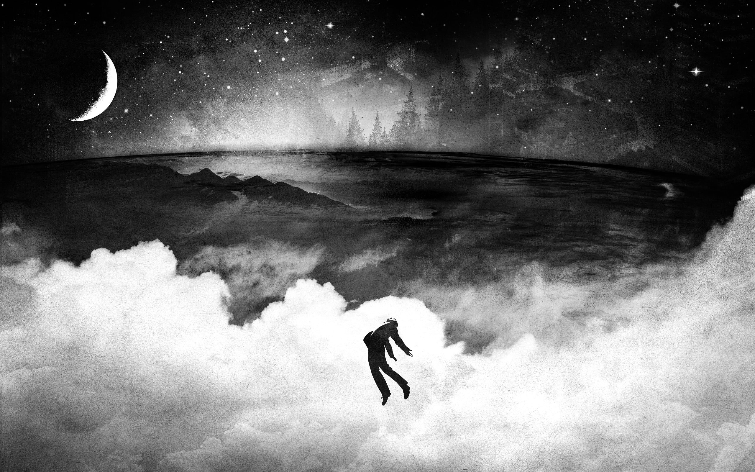 grunge, artwork, silhouette, suits, tranquility, mid-air, flying, sky, floating, Moon, digital composite, tranquil scene, night, water, Alex Cherry, no people, HD Wallpaper