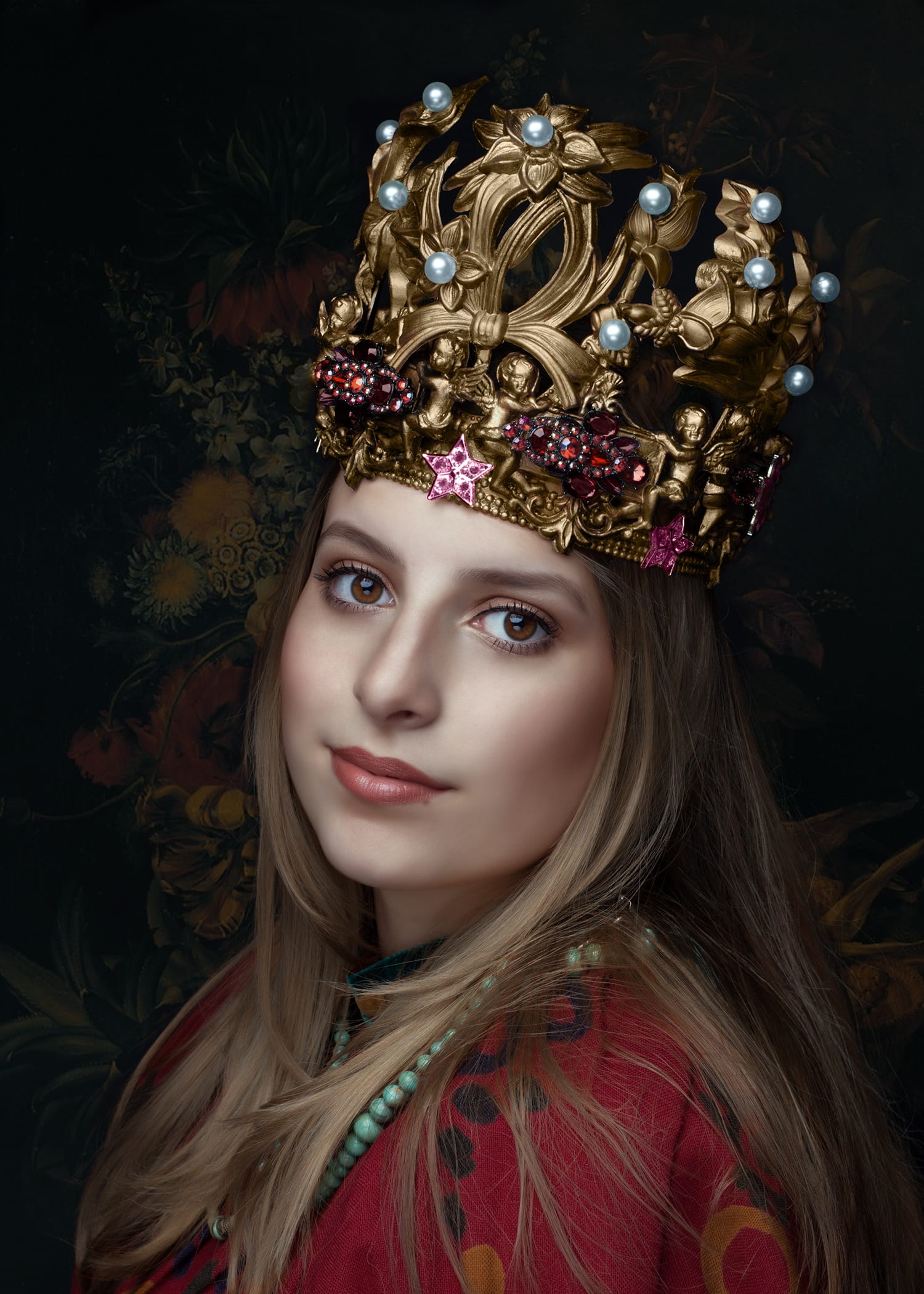 one person, historically, lifestyles, adult, headdress, portrait, noble, lipstick, hairstyle, long hair, crown, hair, castle, gentlemanly, make-up, beauty, Phone HD Wallpaper