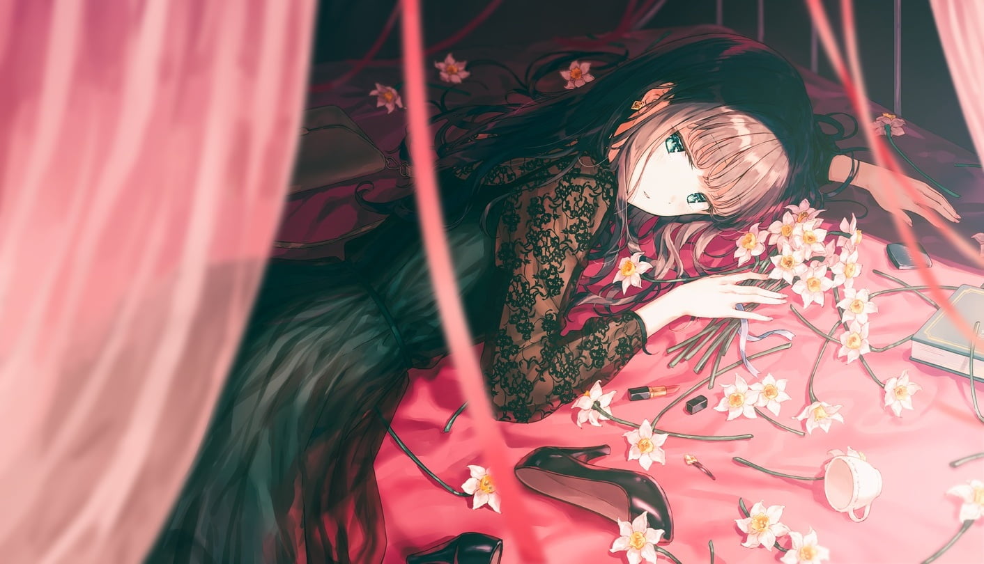 720P, green eyes, lolita fashion, dress, cup, Hiten, flowers, anime girls, HD Wallpaper
