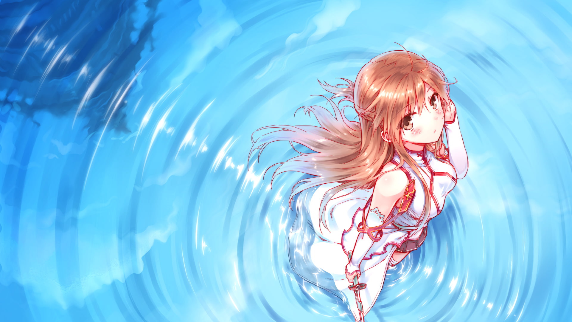 blush, 1080P, skirt, sword, weapon, stockings, hair, eyes, asuna, goane, brown, online, ryu, long, art, water, yuuki, hiten, HD Wallpaper