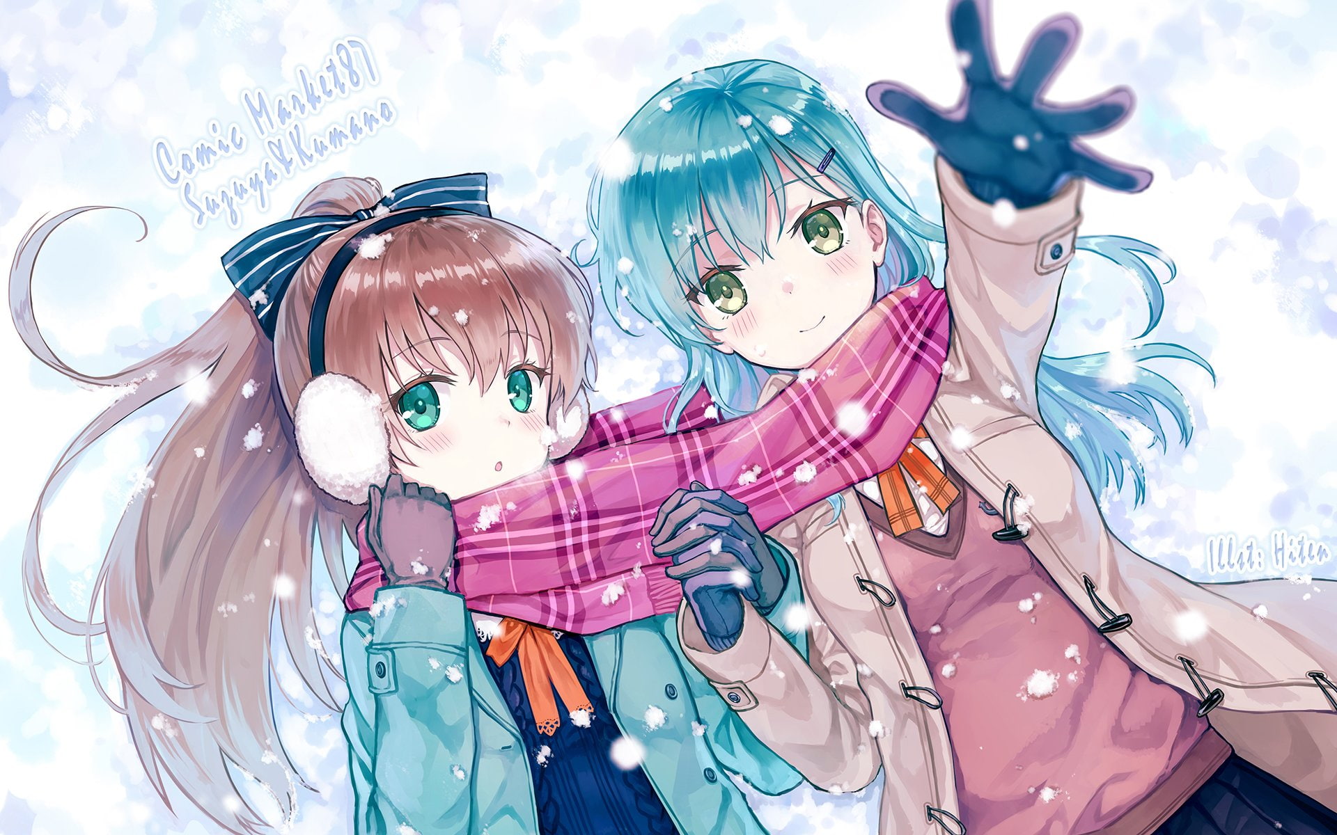 suzuya, winter, hiten, (kancolle), kumano, goane, scarf, ryu, 1080P, snow, earmuffs, hair, long, girls, aqua, eyes, gloves, brown, blue, HD Wallpaper