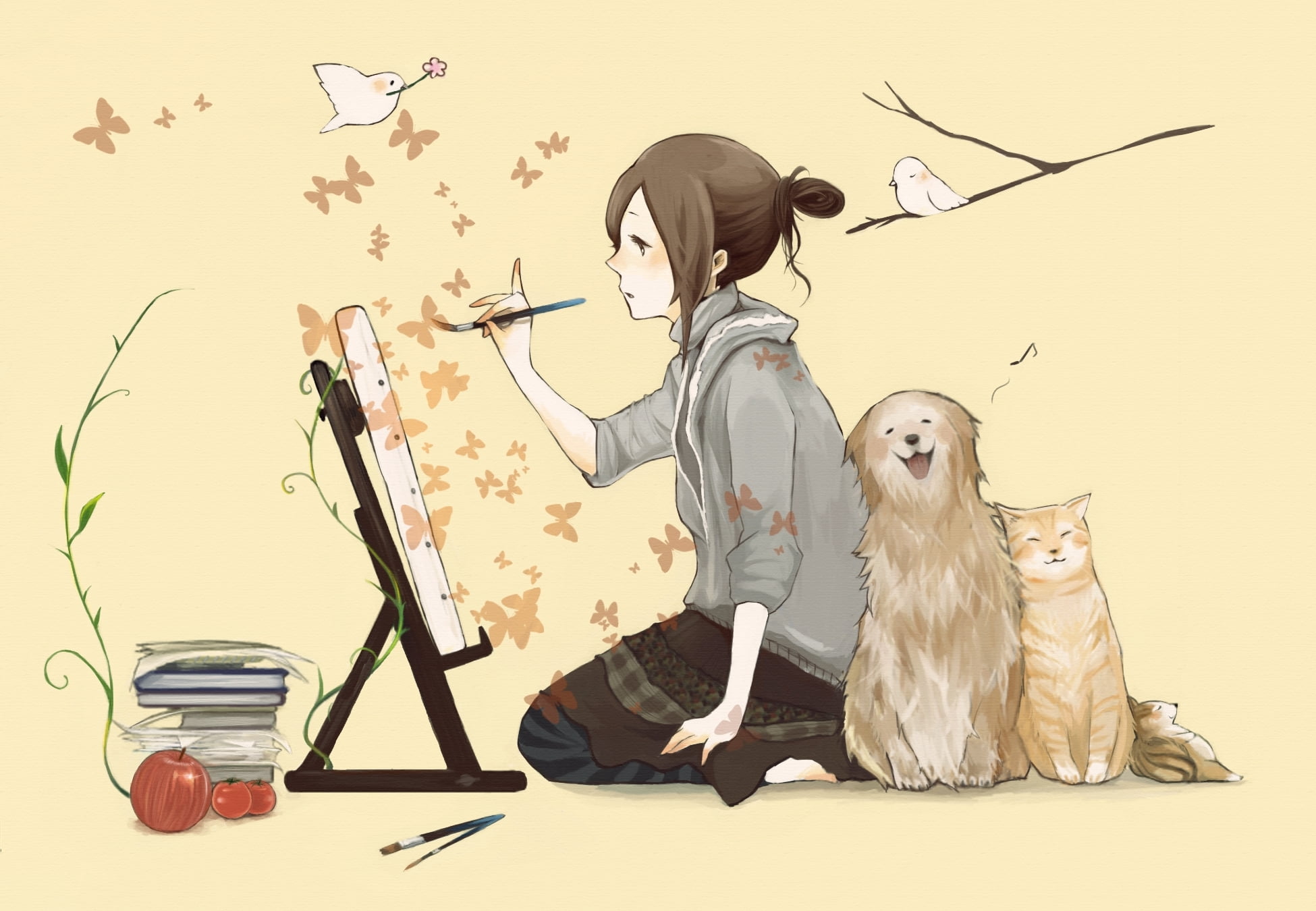 animal wildlife, woman, dog, birds, witch, animal, nature, vertebrate, mammal, computer Graphic, backgrounds, one animal, brush, butterfly, draws, hair, HD Wallpaper