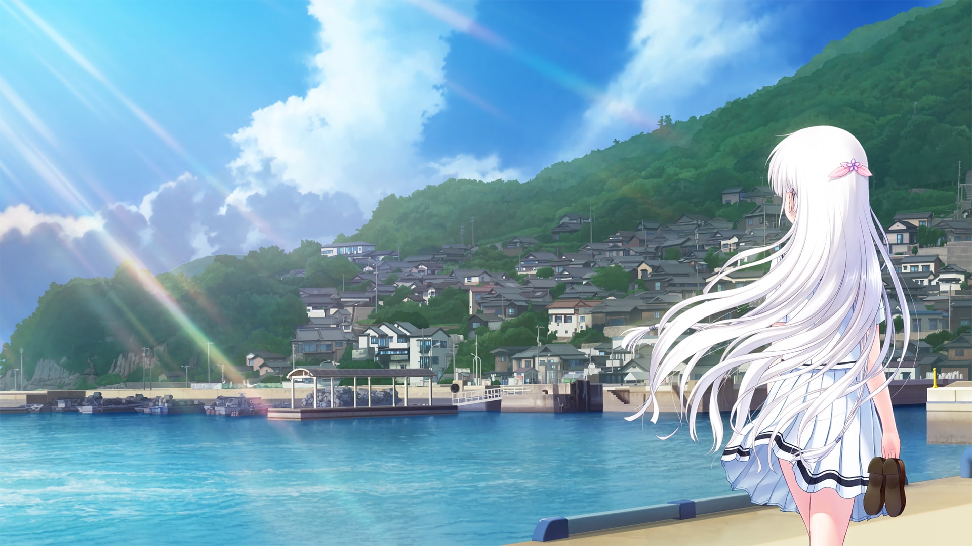 anime girl, ocean, 1080P, school uniform, landscape, Anime, buildings, white hair, back view, HD Wallpaper