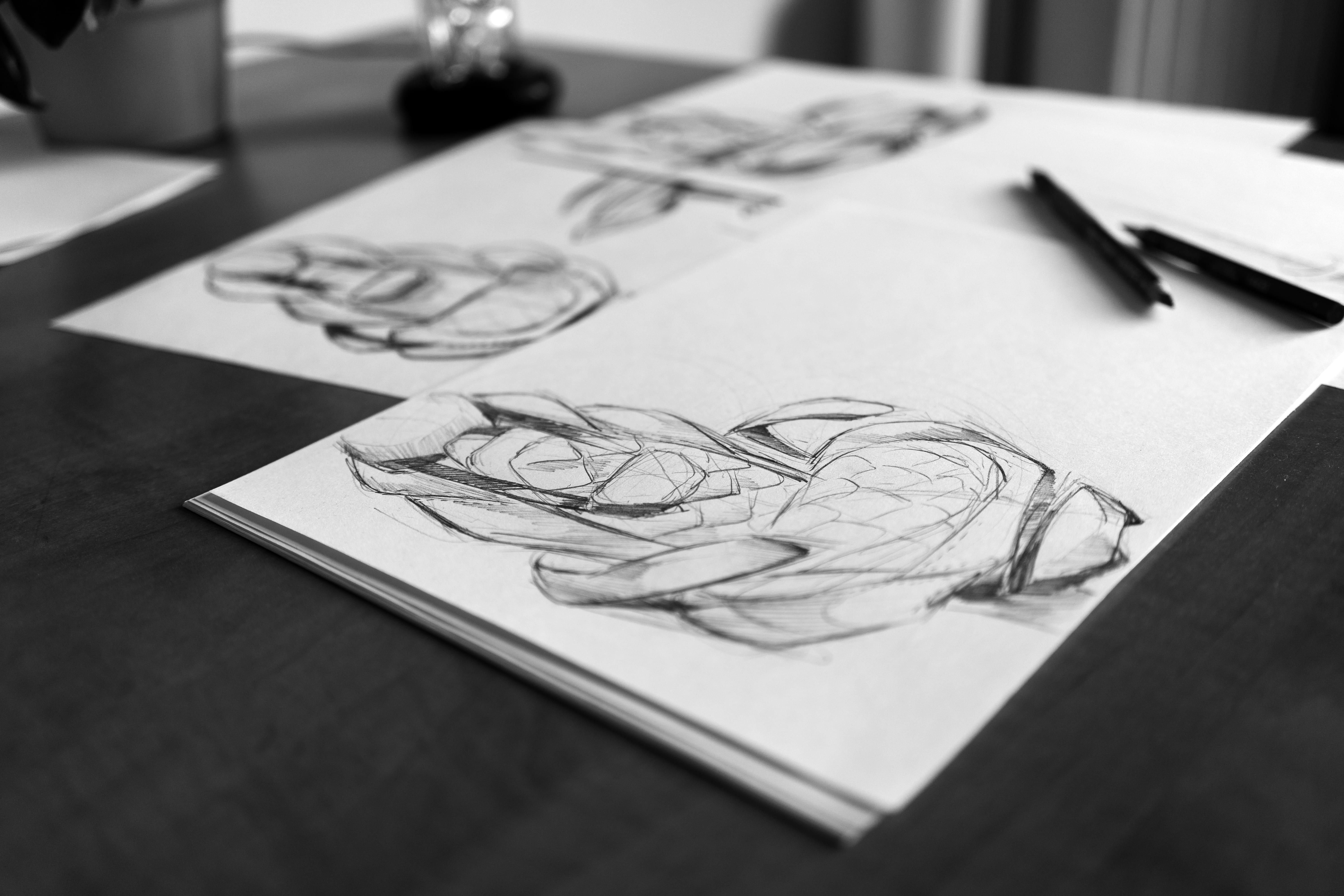 black and white, desk, still life, sketch, pencils, table, art and craft, economy, focus on foreground, currency, paper, blur, close-up, finance, high angle view, HD Wallpaper