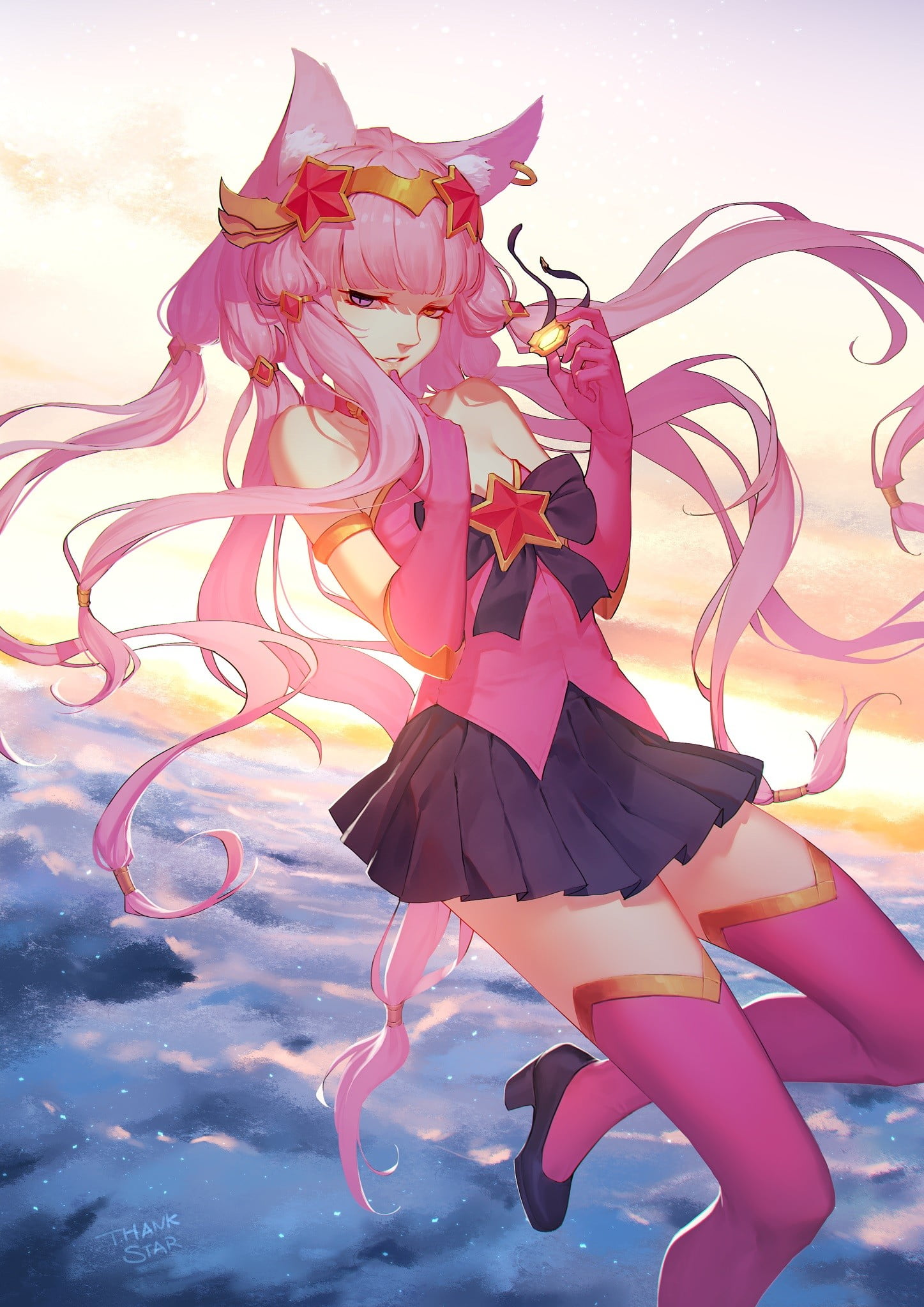 representation, anime, outdoors, beauty in nature, multi colored, art and craft, pink hair, League of Legends, animal ears, fashion, heels, thigh-highs, Phone HD Wallpaper
