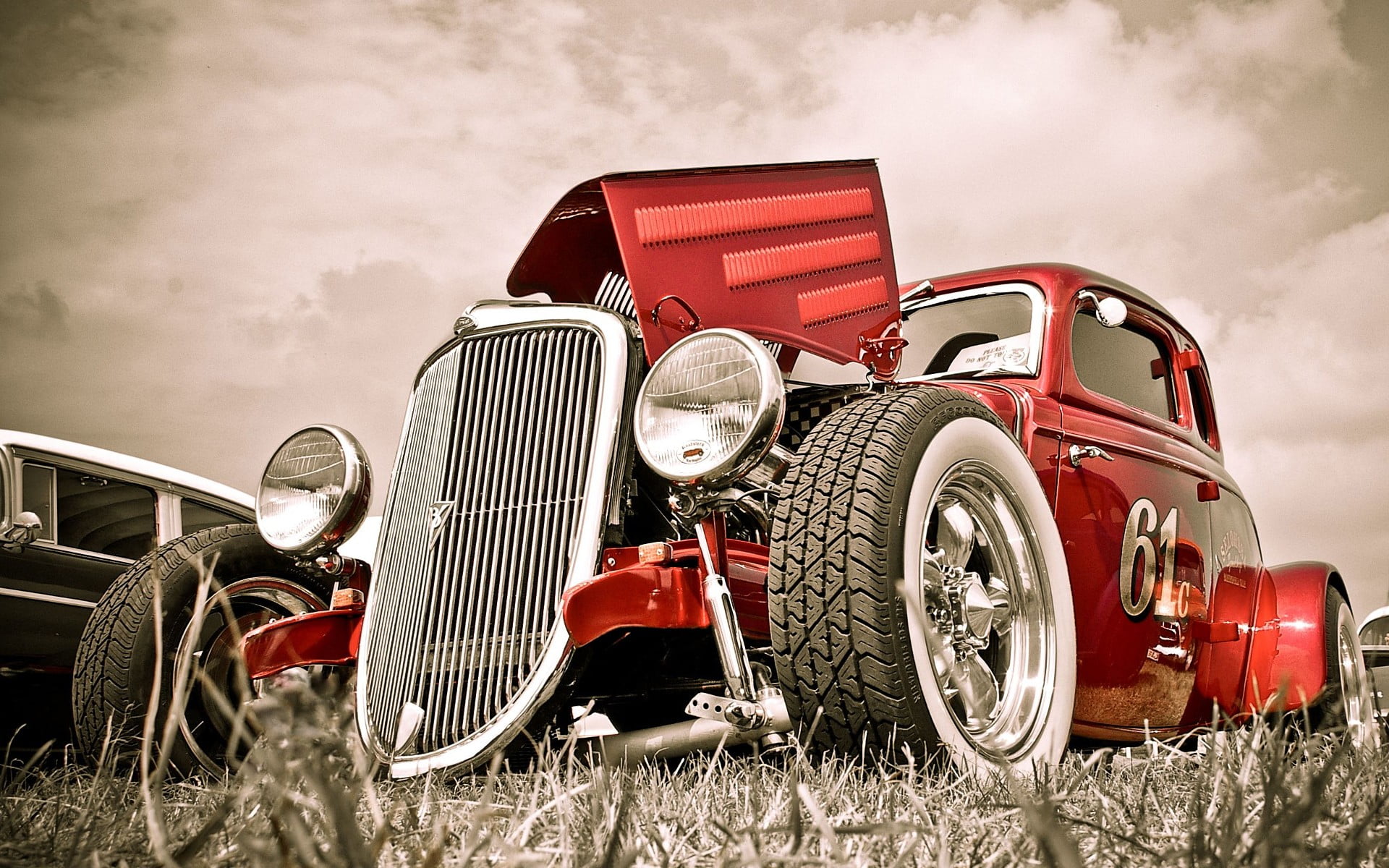 transportation, mode of transportation, tire, vintage car, sky, Roadster, vehicle, motor vehicle, land vehicle, car, outdoors, metal, old car, red, field, HD Wallpaper