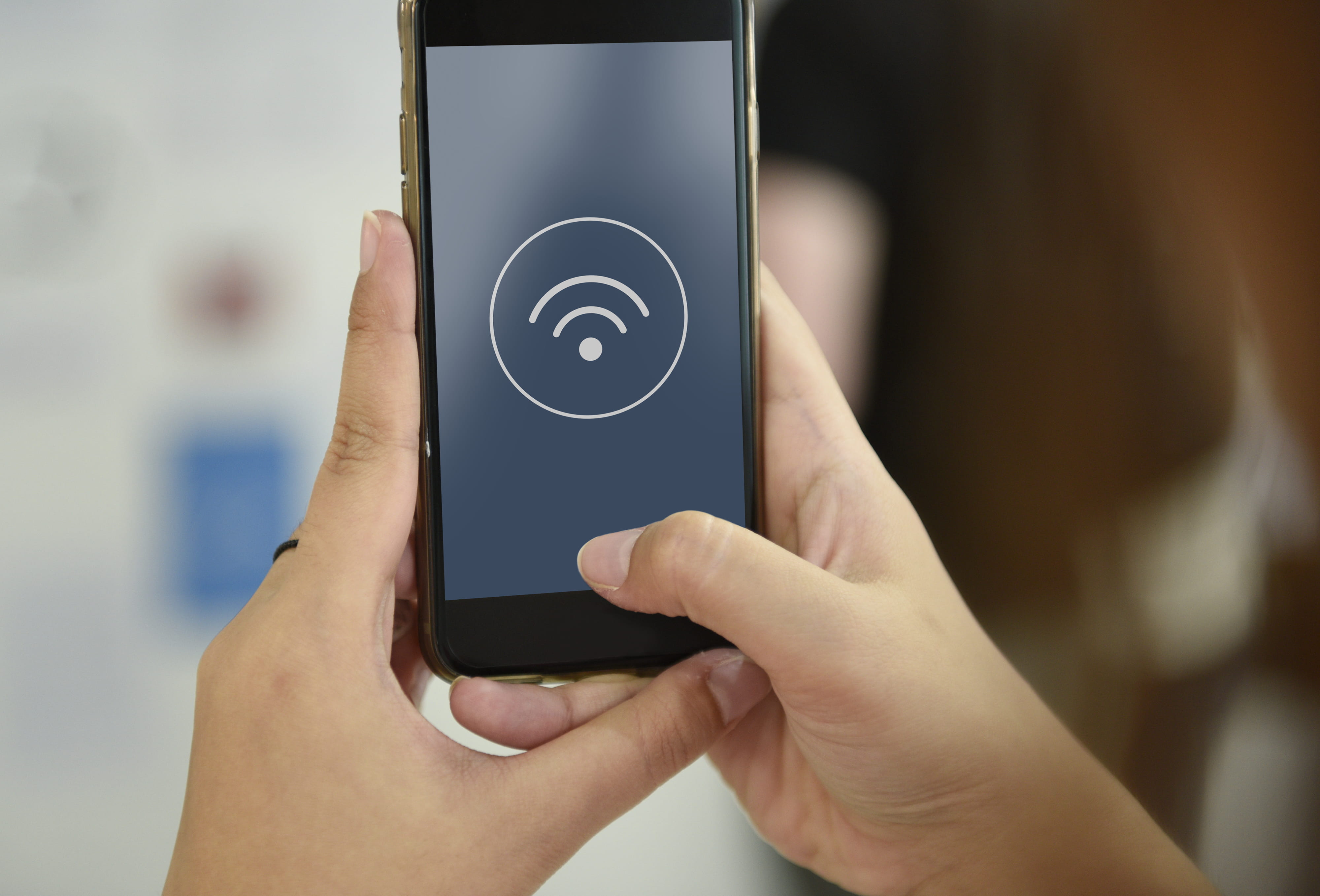 wireless technology, touchscreen, finger, hand, touch screen, holding, electronic, screen, human body part, connection, wi-fi, lifestyles, 4K, focus, symbol, HD Wallpaper