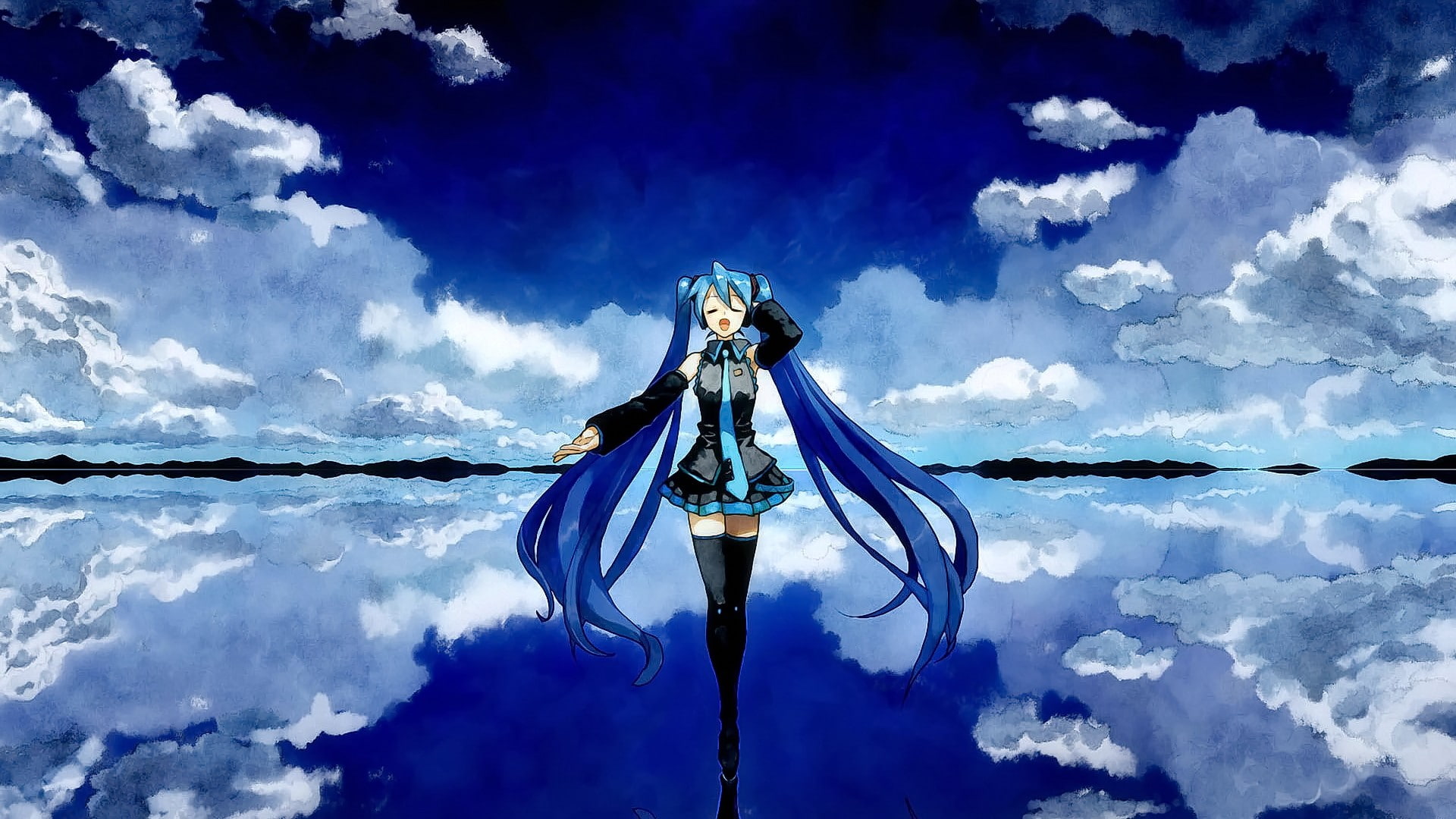 water, Vocaloid, anime girls, aqua hair, clouds, sky, anime, open mouth, closed eyes, Hatsune Miku, long hair, 1080P, HD Wallpaper
