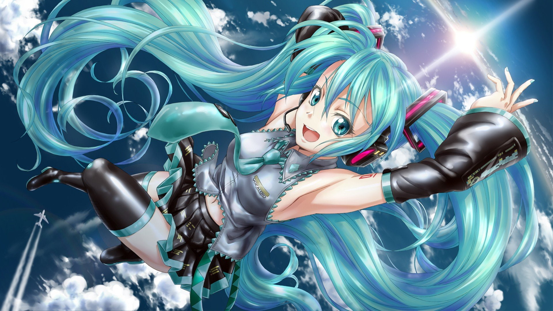aqua, bare, sunlight, tattoos, twintails, clouds, hair, aircraft, navel, girls, armpits, shoulders, vocaloid, anime, skirts, tie, green, headsets, long, HD Wallpaper
