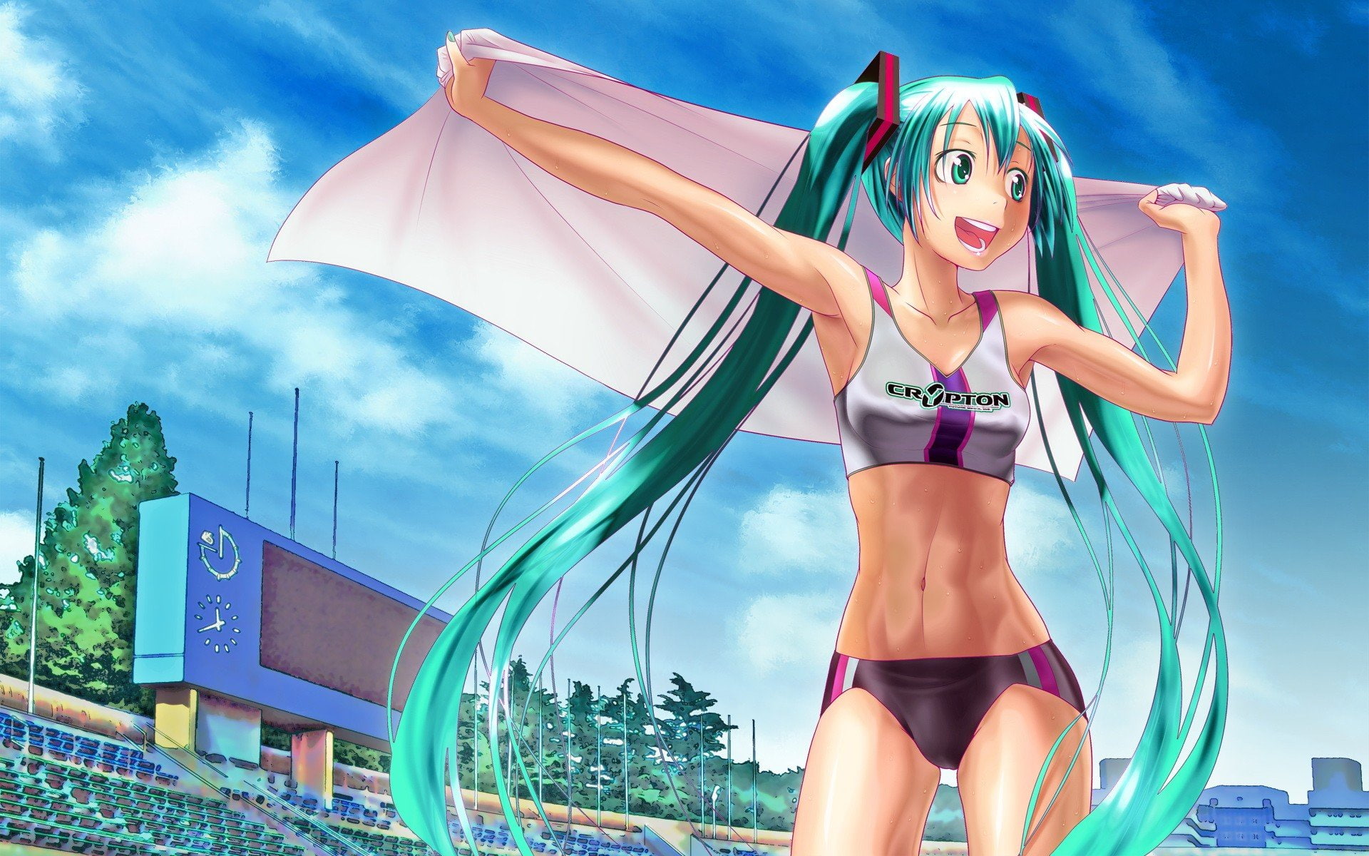 clouds, vocaloid, Towel, twintails, Anime Girls, Open Mouth, Hatsune Miku, Armpits, Aqua Hair, Stadium, Bangs, sky, Green Eyes, Long Hair, 1080P, Wokada, HD Wallpaper