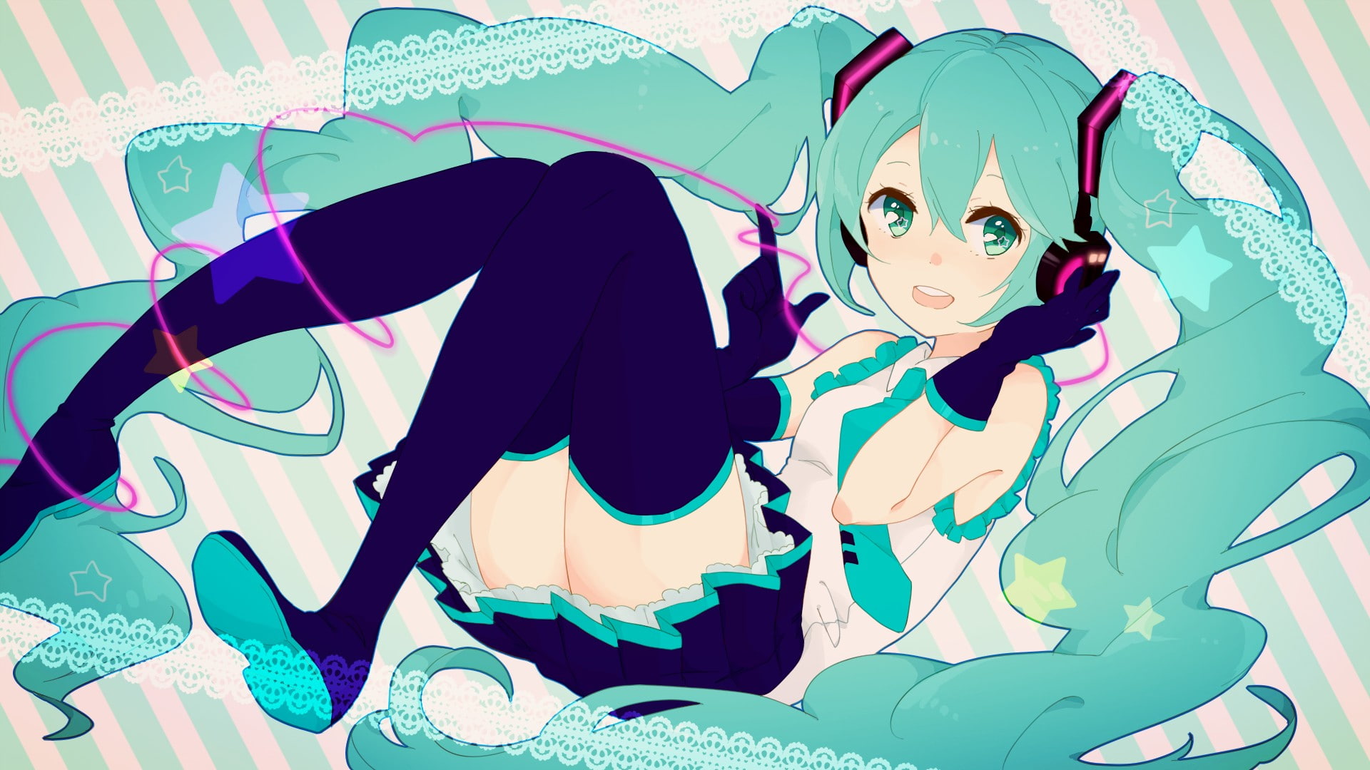 Green Hair, 1080P, Hair Ornament, thigh, highs, Anime Girls, Bangs, Green Eyes, Hatsune Miku, vocaloid, Tie, Open Mouth, twintails, gloves, stripes, headphones, HD Wallpaper