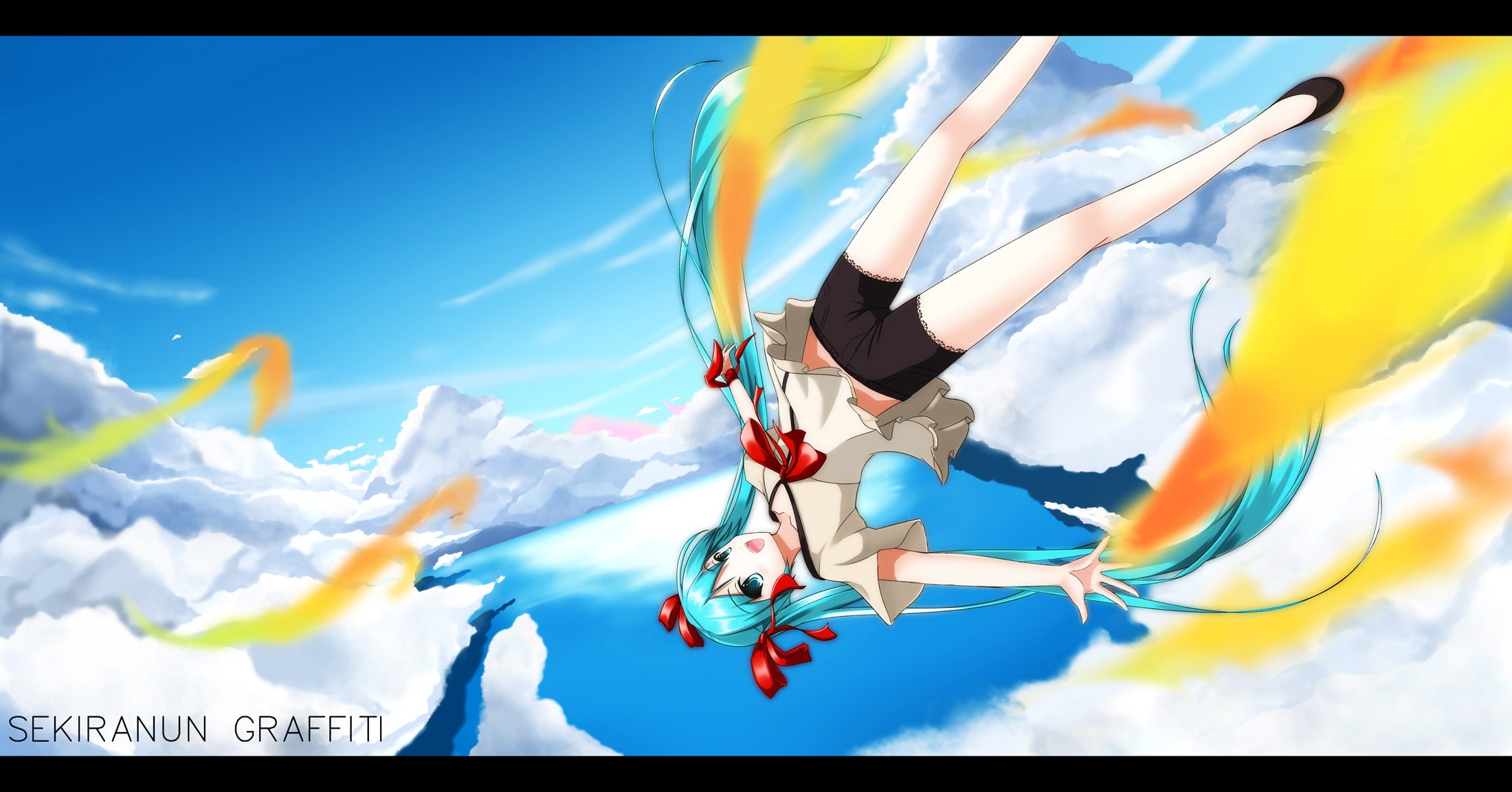 spread, smiling, hatsune, cuffs, water, 1080P, miku, ornaments, upside, mouth, aqua, long, vocaloid, falling, scenic, eyes, bangs, hair, shorts, twintails, HD Wallpaper
