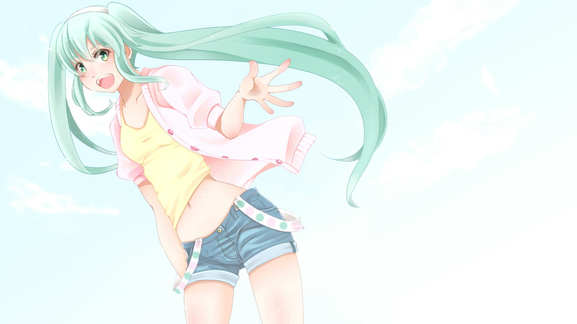 long, shirts, band, hatsune, twintails, girls, clouds, shorts, vocaloid, blush, green, eyes, open, miku, 1080P, hair, mouth, anime, HD Wallpaper