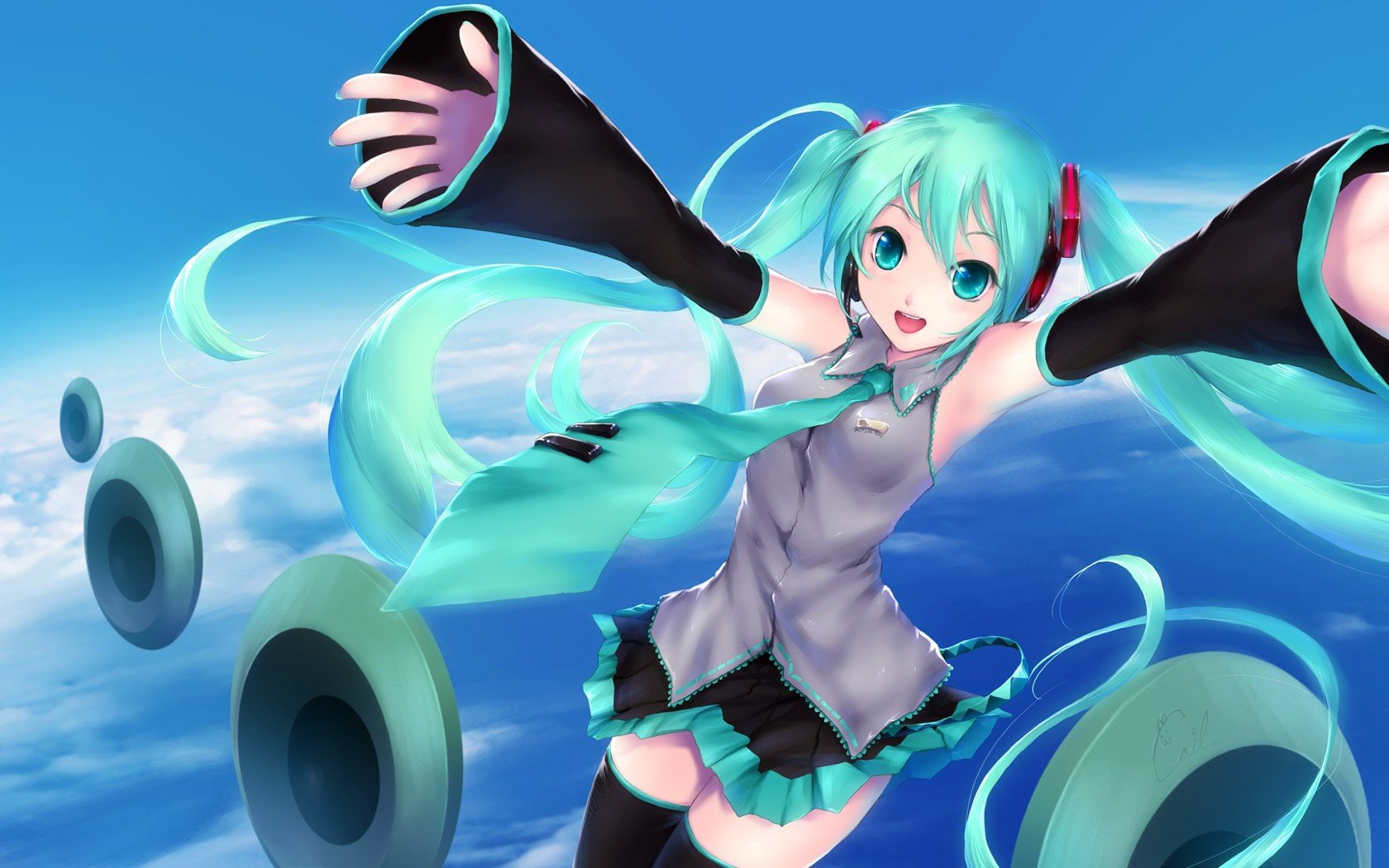 Anime Girls, vocaloid, headphones, Hatsune Miku, Aqua Eyes, Bangs, Skirt, Hair Ornament, clouds, thigh, sky, Tie, Speakers, Long Hair, Open Mouth, Headsets, HD Wallpaper