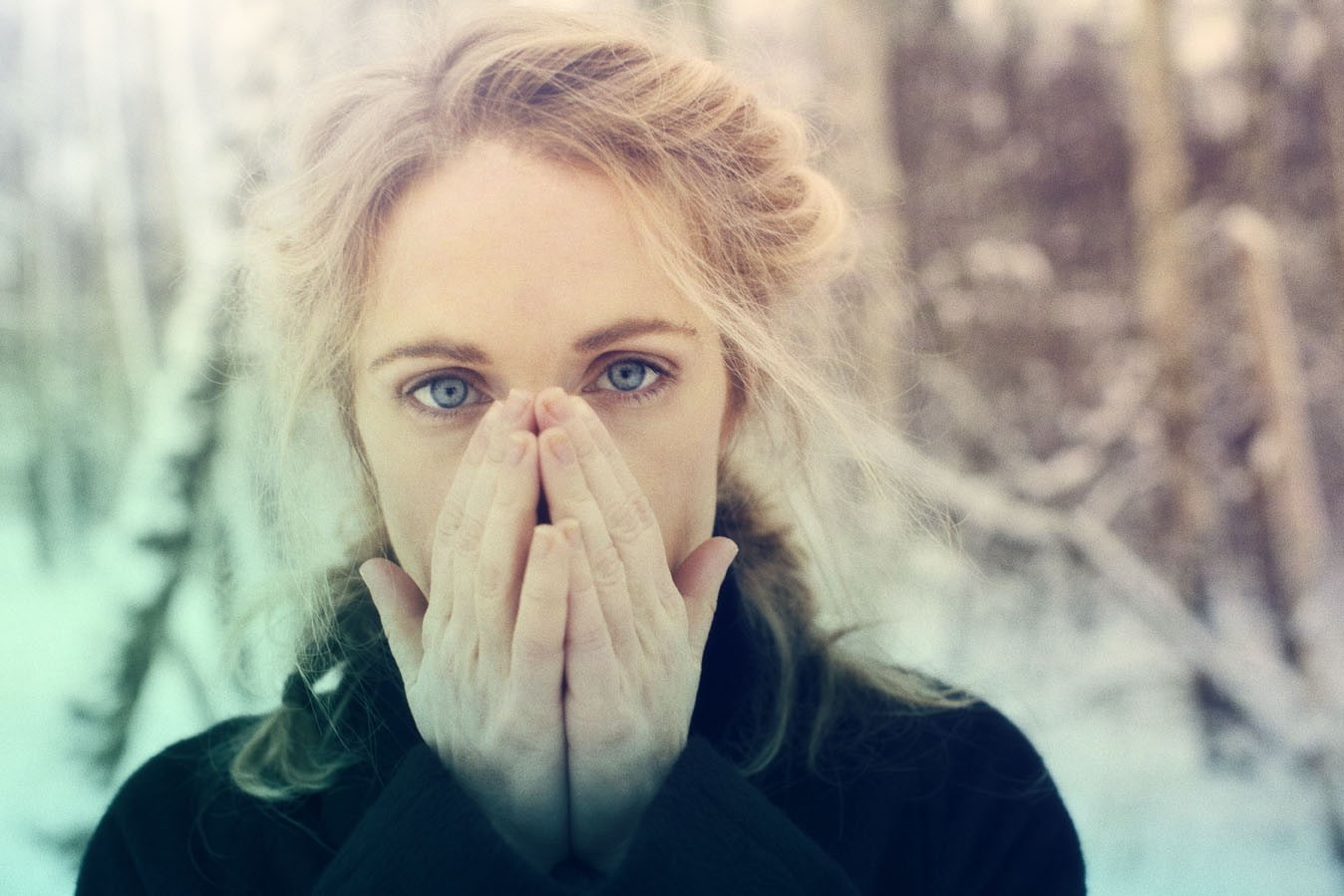 front view, hairstyle, warm clothing, scarf, body part, beautiful woman, headshot, blue eyes, human body part, adult, young women, human face, hand on face, HD Wallpaper