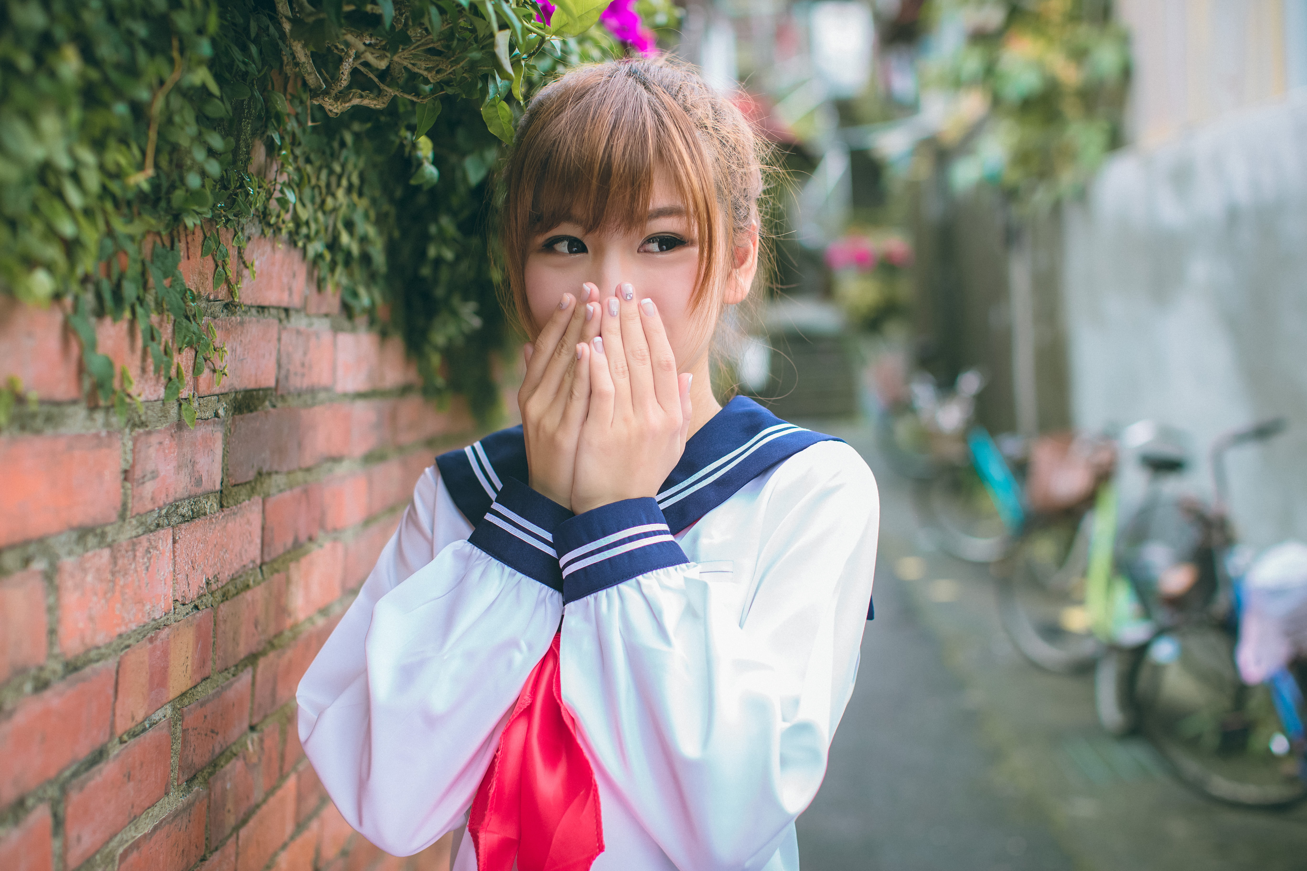 Asian, looking at camera, young adult, waist up, obscured face, teenager, lifestyles, bangs, hands covering mouth, headshot, 5K, human body part, women, HD Wallpaper
