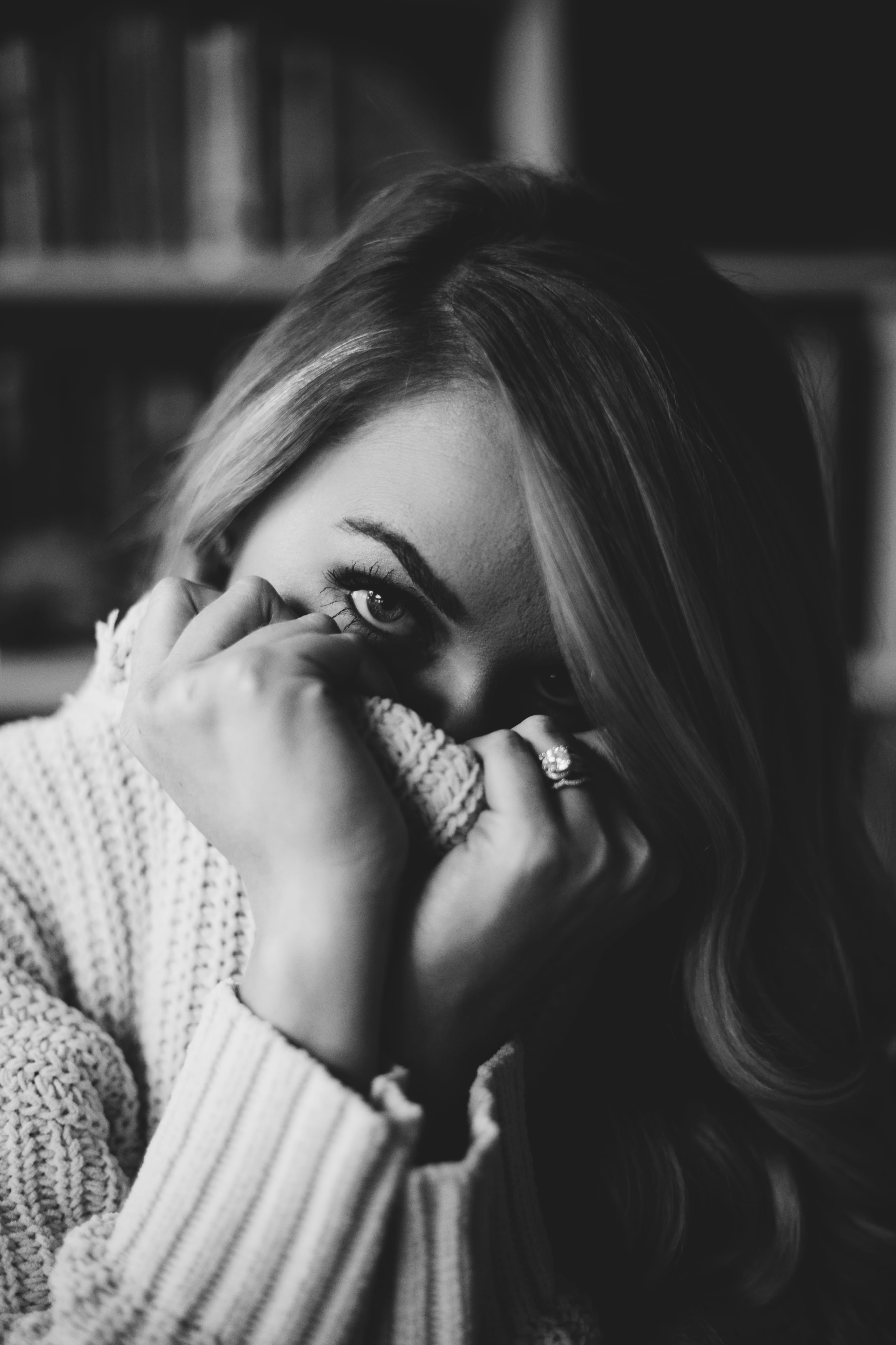 lifestyles, indoors, face, leisure activity, front view, looking at camera, hands covering mouth, woman, contemplation, photography, beautiful woman, grayscale, Phone HD Wallpaper