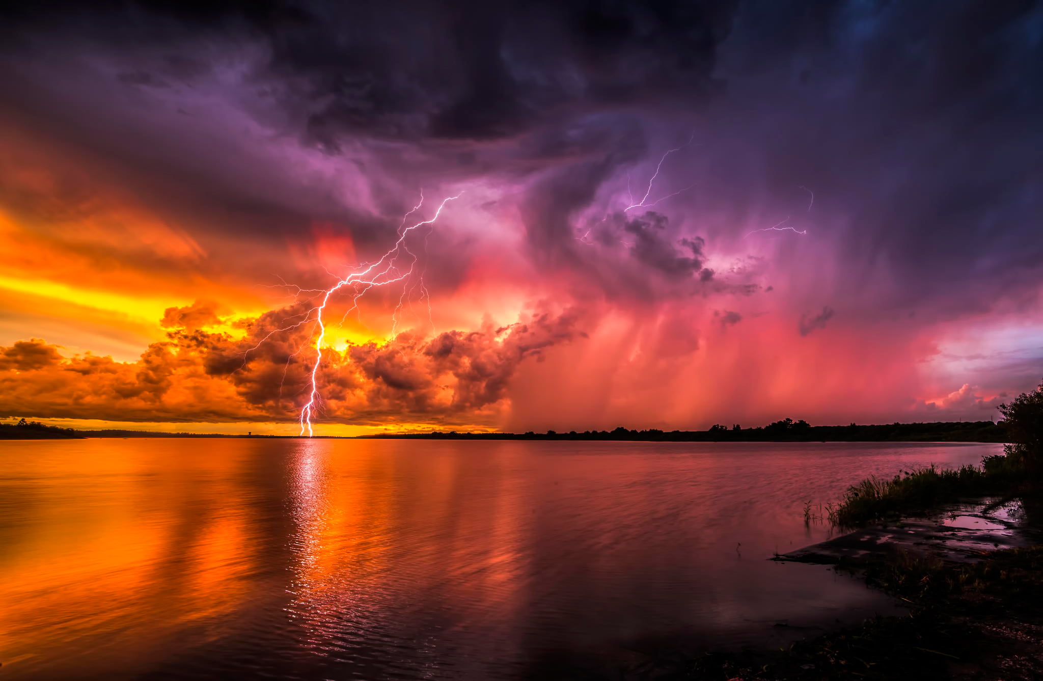 lake, sunrise - Dawn, storm, sunset, zipper, tranquility, horizon, sun, weather, reflection, sunlight, power in nature, orange Color, scenics - nature, HD Wallpaper