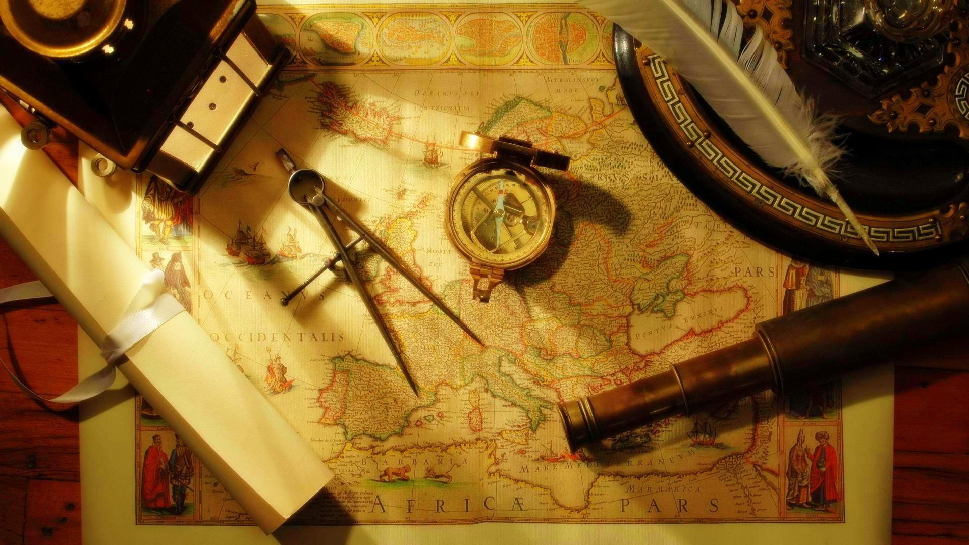 1080P, vintage, trip, gray, drawing, compass, 3d and abstract, mape, HD Wallpaper