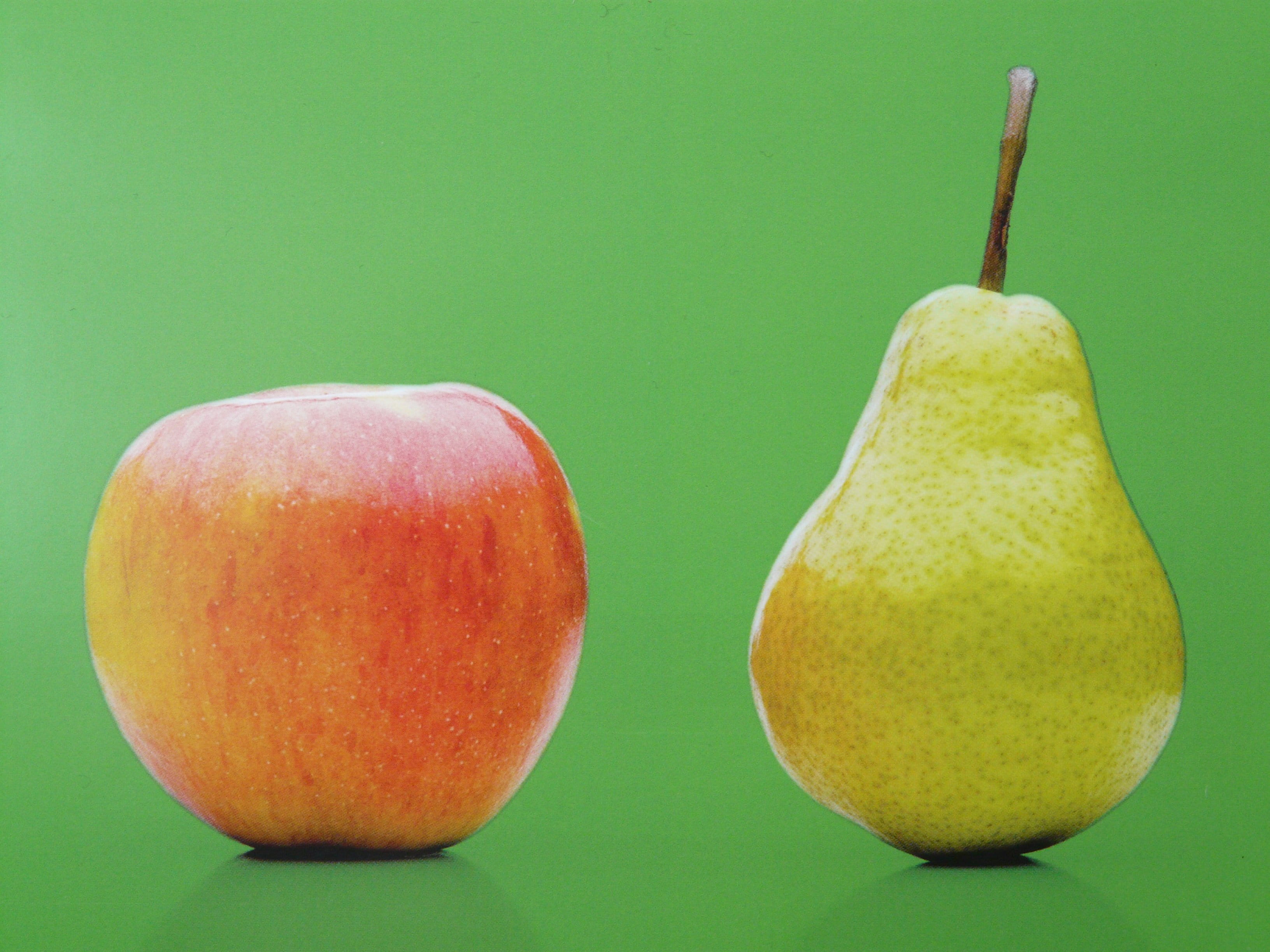 organic, freshness, studio shot, Healthy, green Color, Fruit, nutritional, 2K, indoors, nature, colored background, blue background, Pear, table, two objects, HD Wallpaper
