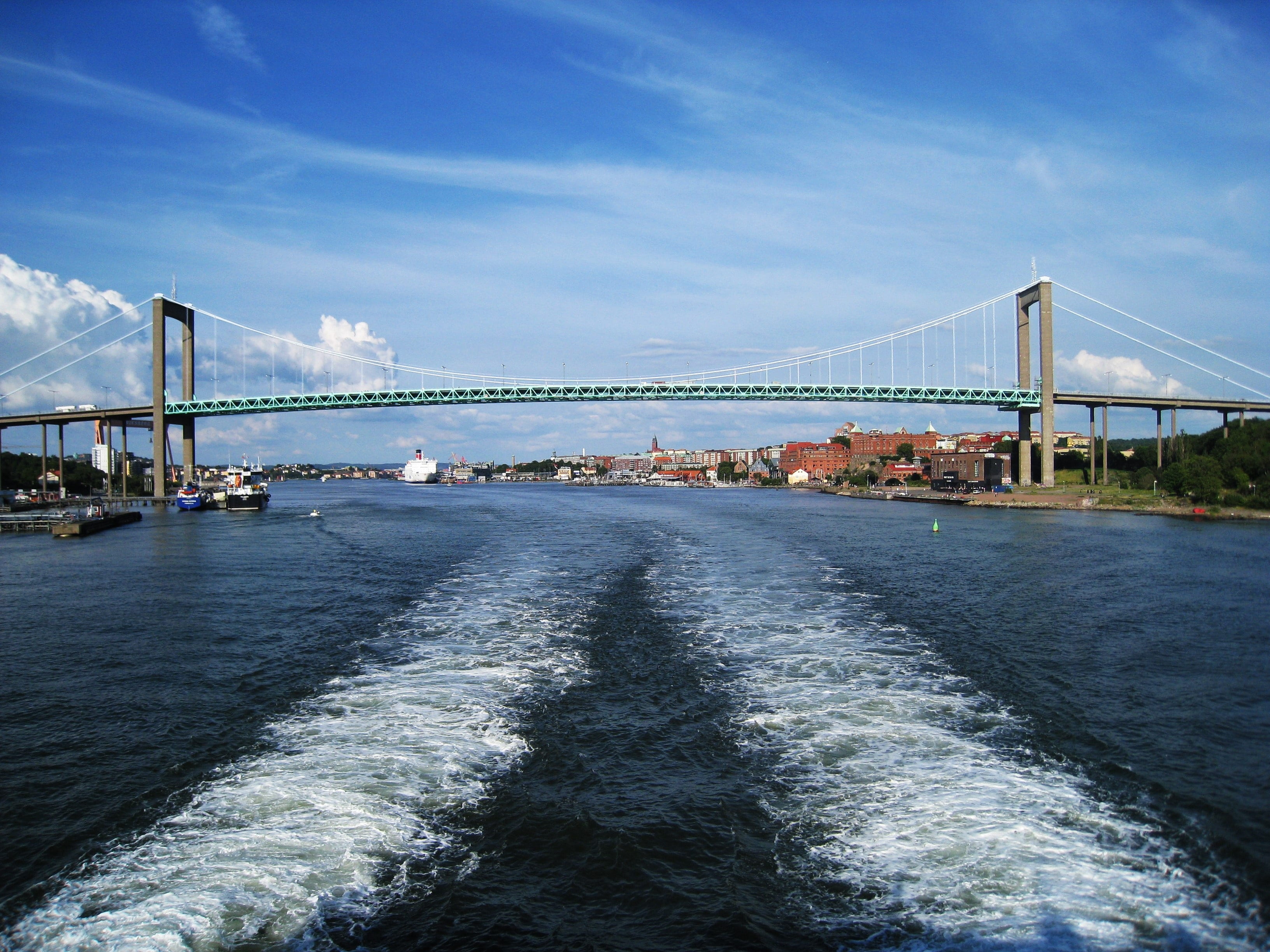 blue sky, 2K, travel destinations, bridge, clouds, water, harbour entrance, outdoors, no people, architecture, daytime, sea, connection, bridge - man made structure, HD Wallpaper