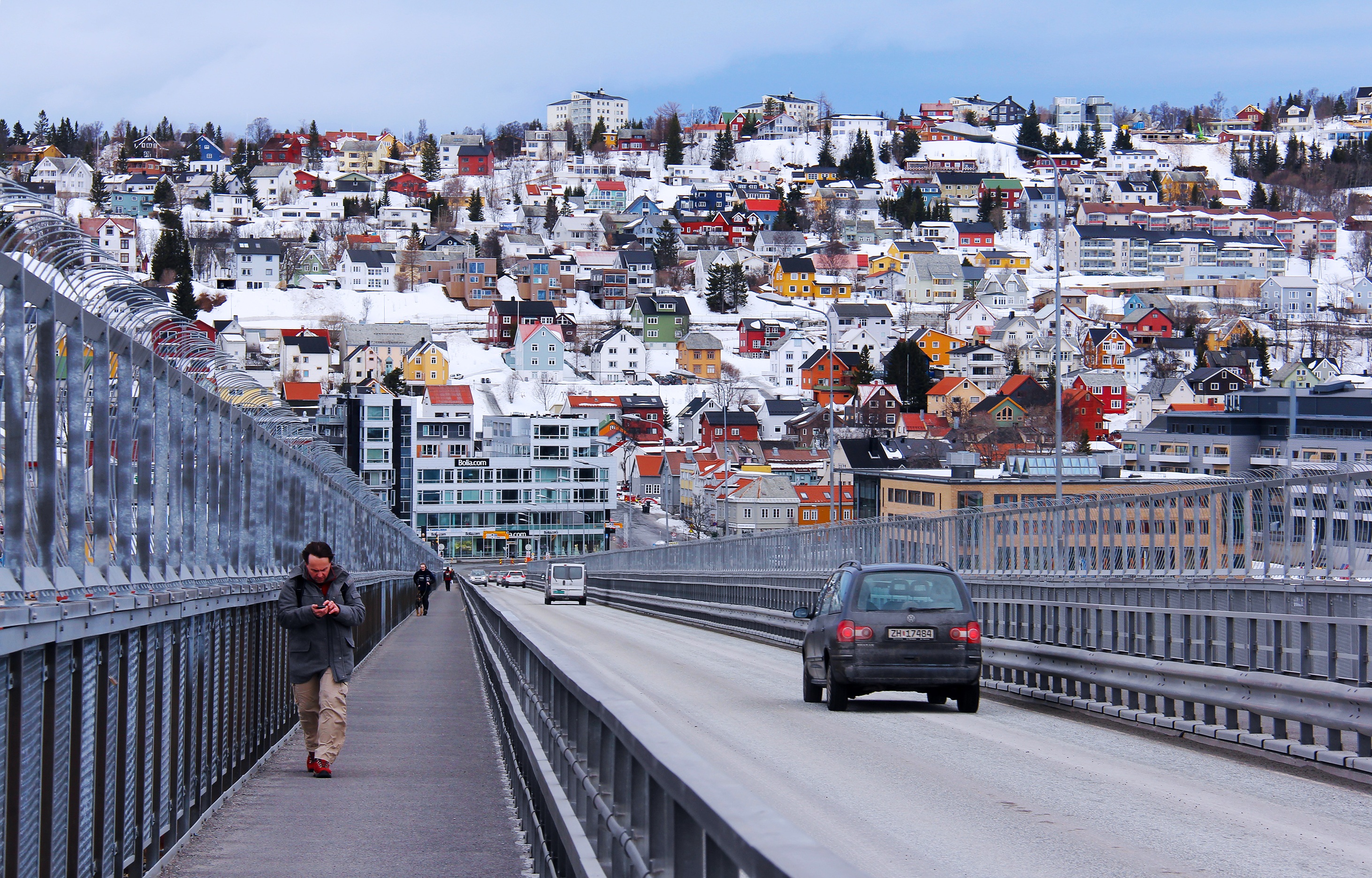 road, beside, nordic house, snow, architecture, view, sea, skyline, one person, scenery, landmark, building exterior, city, the arctic circle, cityscape, HD Wallpaper