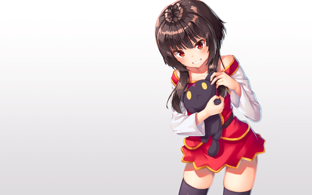 red eyes, cat, animals, gradient, chomusuke, Megumin, white  background, 720P, thigh-highs, Kono Subarashii Sekai ni Shukufuku wo!, short hair, brunette, HD Wallpaper