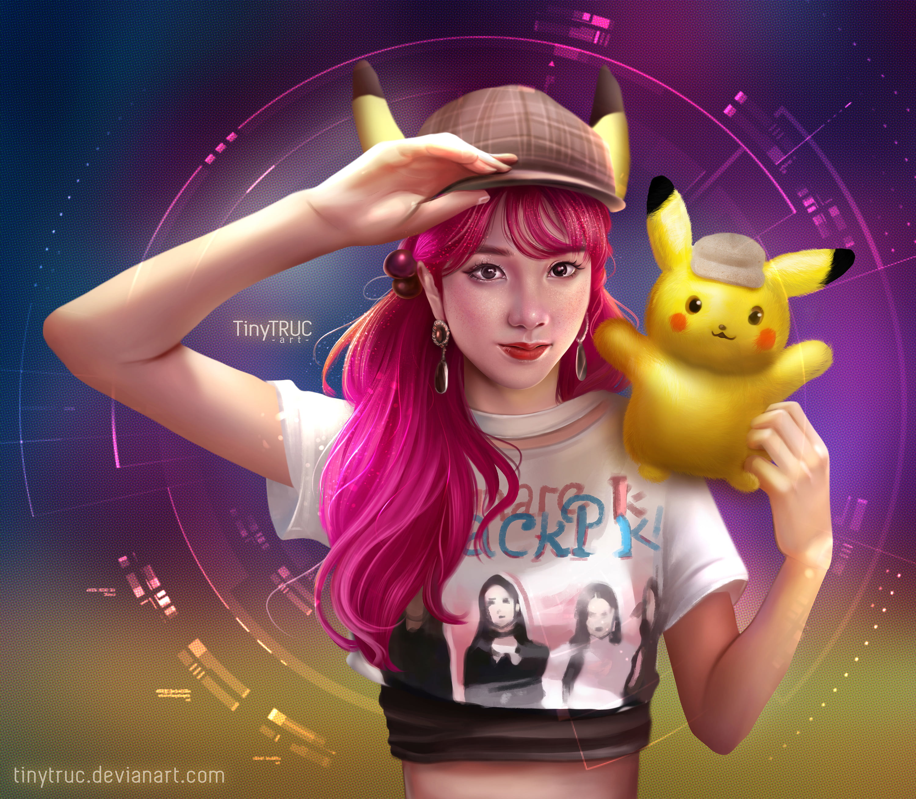 digital art, digital painting, 2K, women, BLACKPINK, pink hair, fan art, artwork, T-shirt, HD Wallpaper