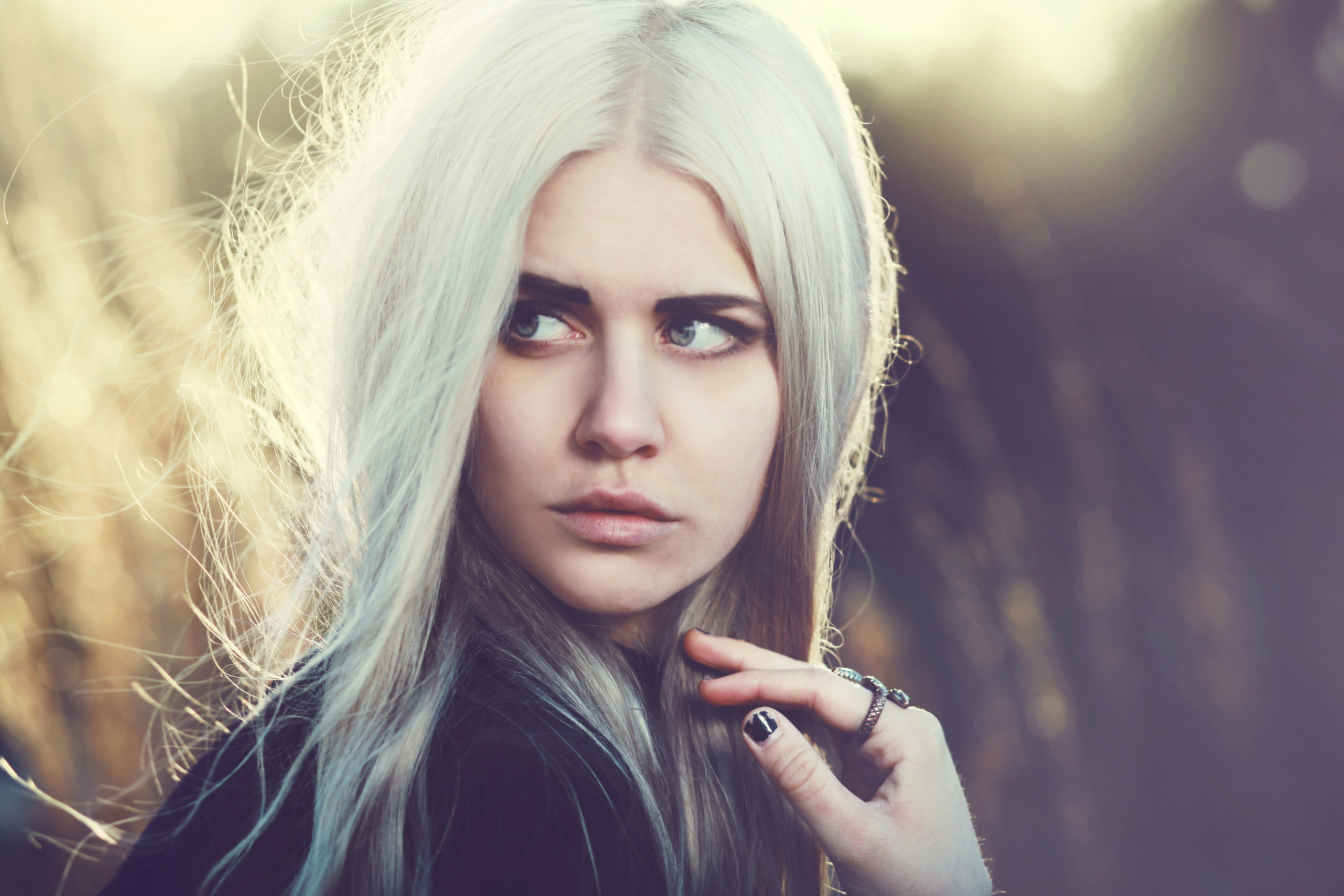 blonde, black fingernails, smoky eyes, women, blue eyes, 5K, HD Wallpaper