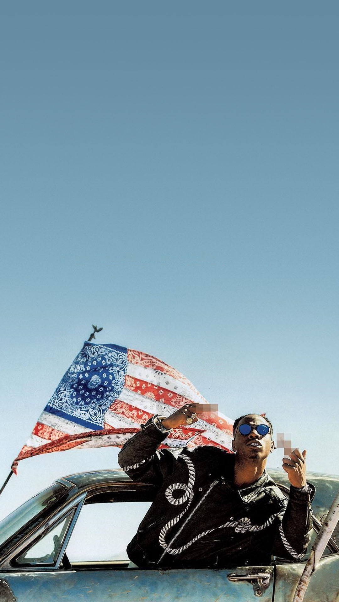 outdoors, nature, sunny, portrait display, men, transportation, day, clear sky, copy space, Joey Bada$$, American flag, sunglasses, emotion, mid adult, Phone HD Wallpaper