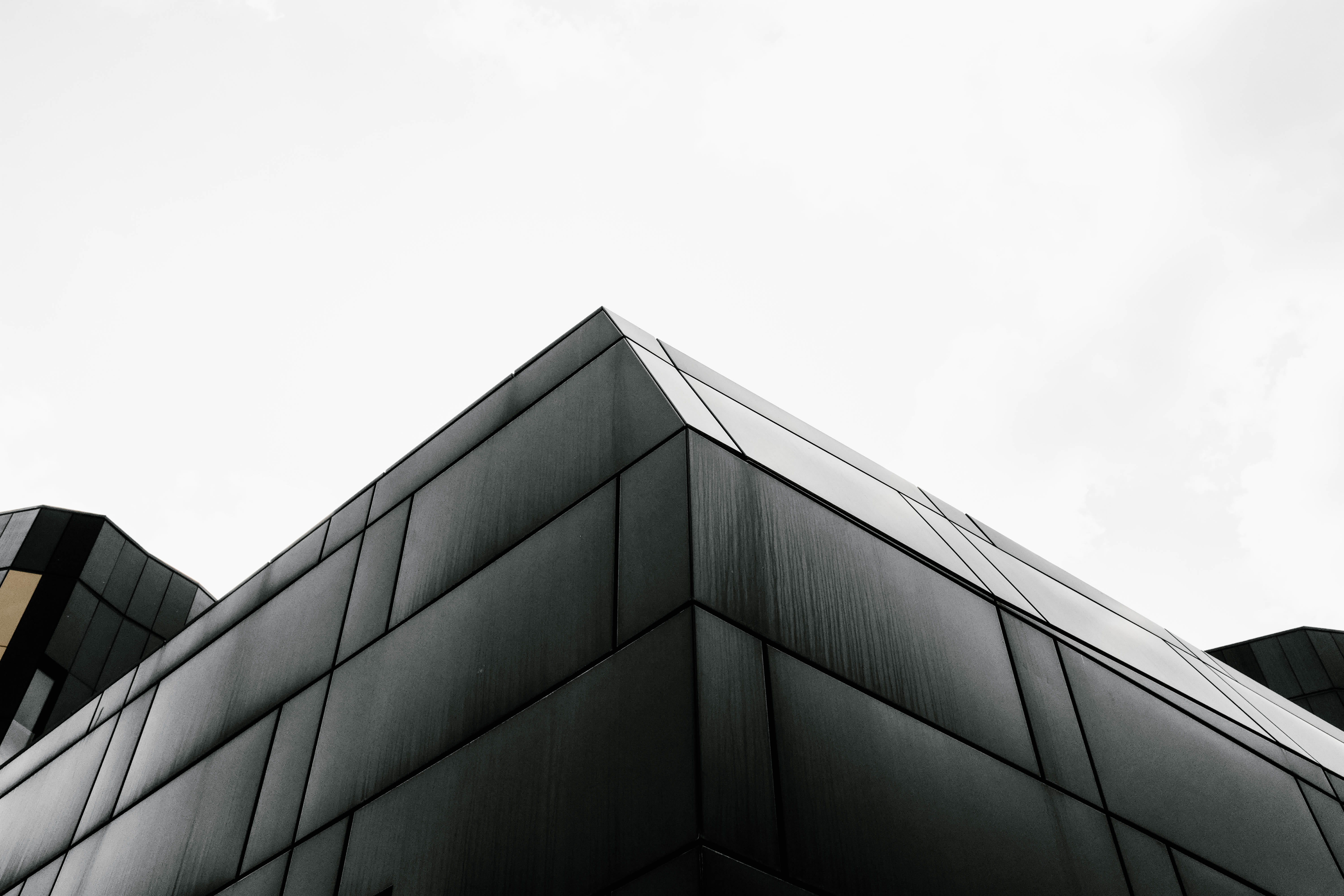 building, built structure, day, directly below, corner, france, music, nature, black, sky, glass - material, musique, geometric shape, low angle view, skyscraper, HD Wallpaper