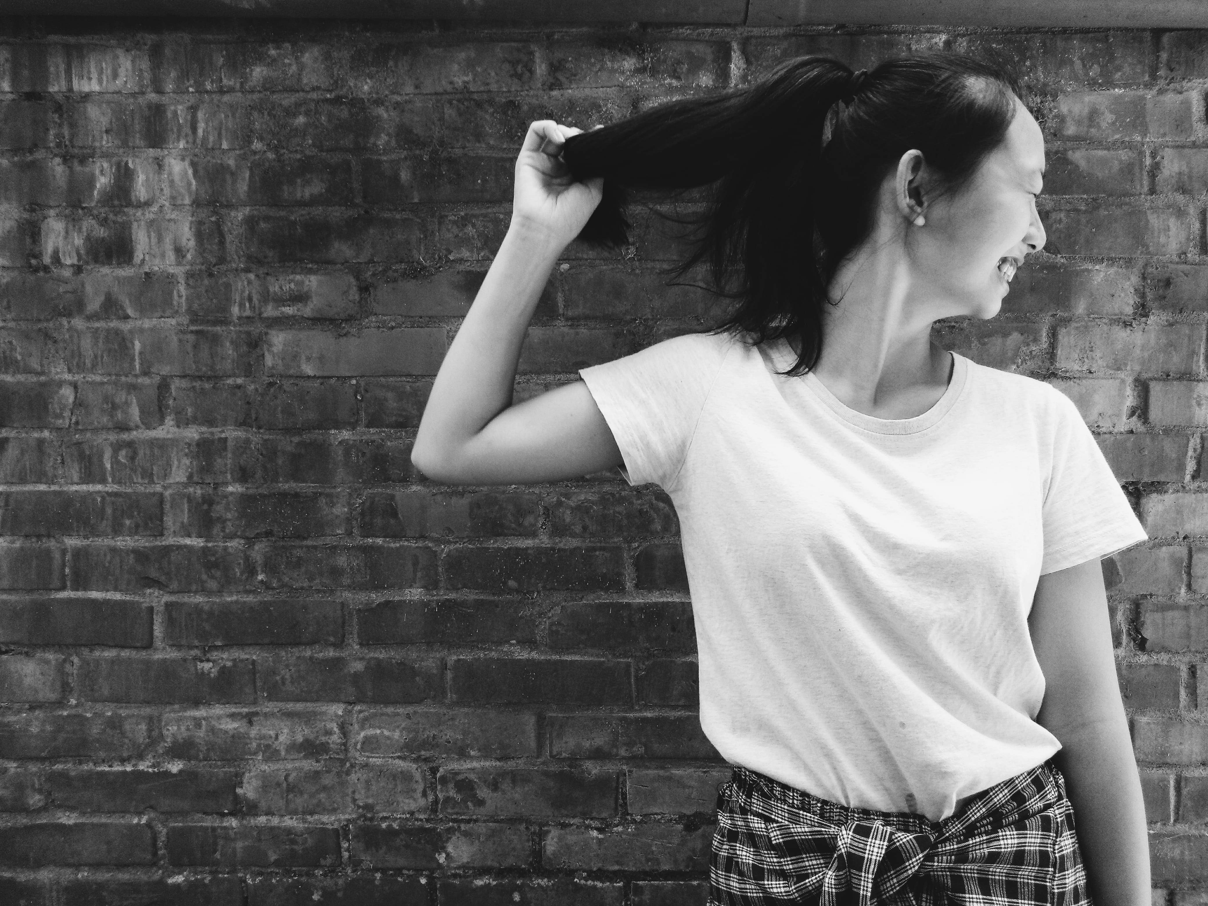 front view, women, beautiful woman, arms raised, taiwan, lifestyles, three quarter length, jeans, xindian district, young women, brick, 4K, leisure activity, HD Wallpaper