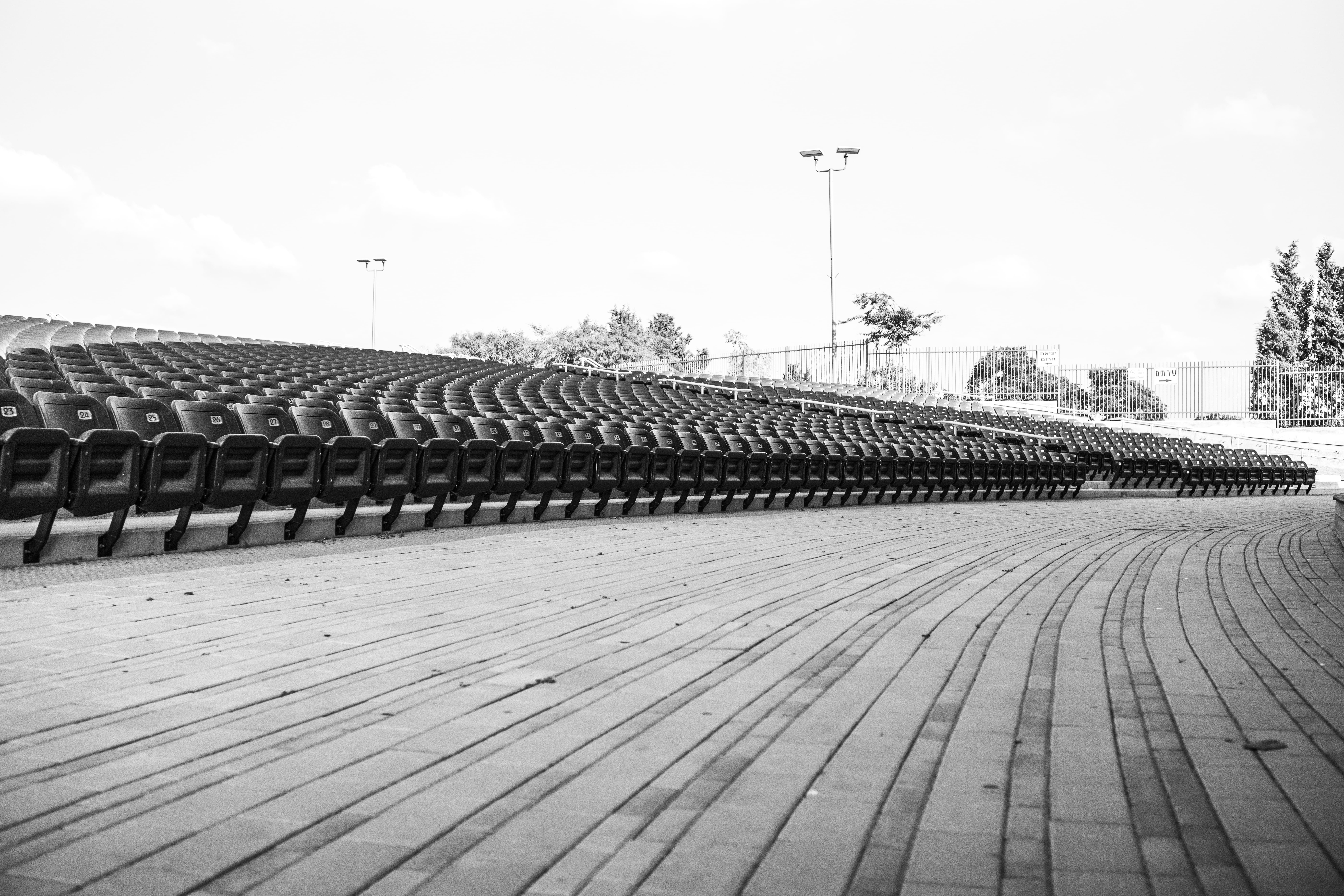 built structure, theatre, absence, railing, seats, city, 8K, stadium, sport, seat, outdoors, no people, pattern, bench, building exterior, empty, architecture, HD Wallpaper
