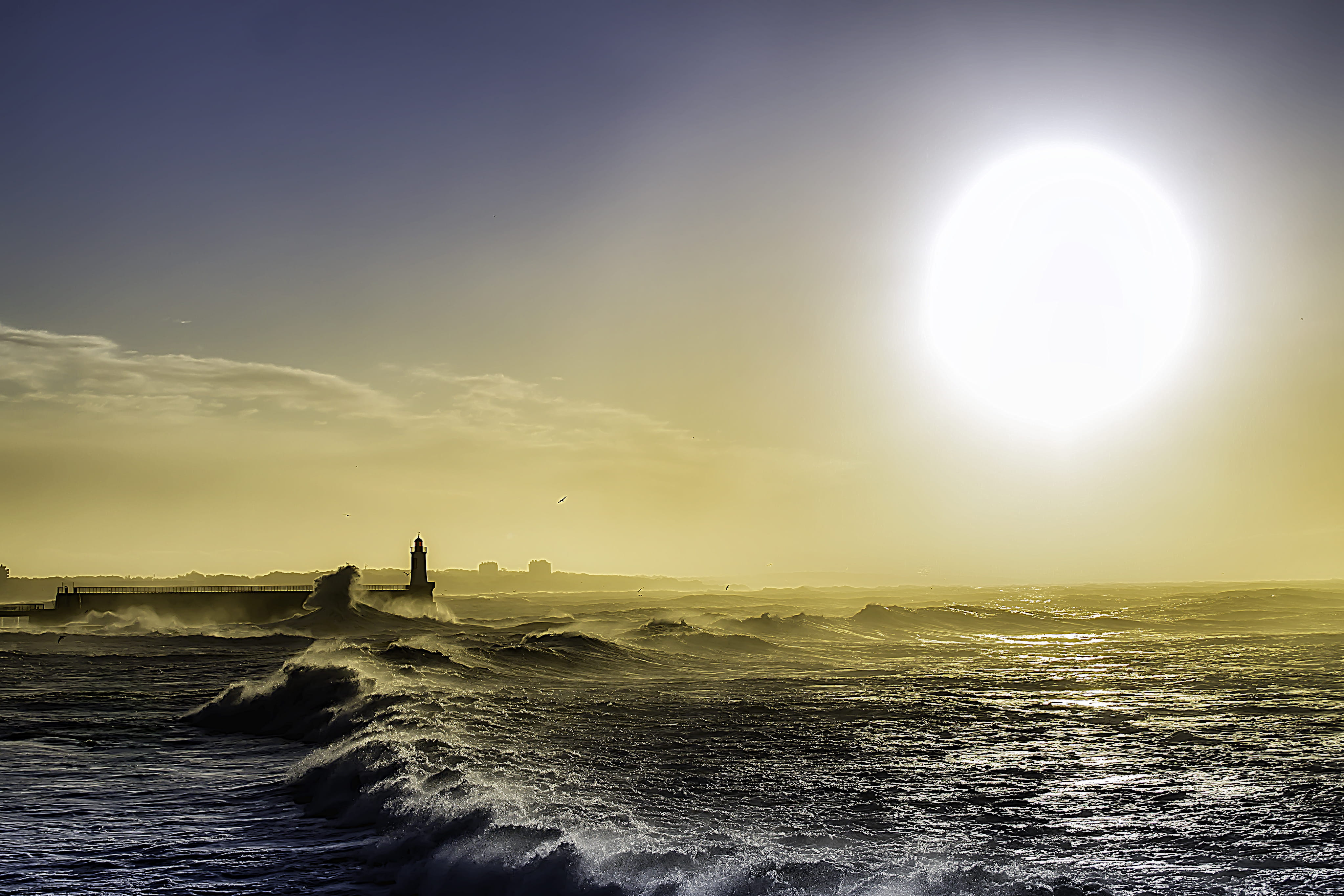 waterfront, built structure, 4K, guidance, wave, horizon, sea, outdoors, sunset, cloud - sky, horizon over water, idyllic, nature, beauty in nature, water, HD Wallpaper